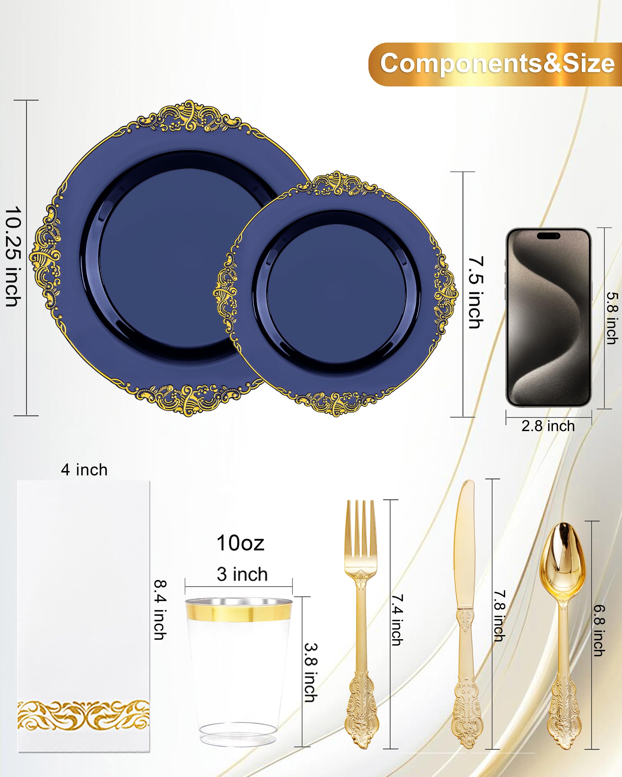 Nervure 175PCS Clear Blue Plastic Plates - Plastic Dinnerware Set Include 25Dinner Plates, 25Dessert Plates, 25Cups, 25Forks, 25Knives, 25Spoons, 25Napkins Perfect for Wedding & Party
