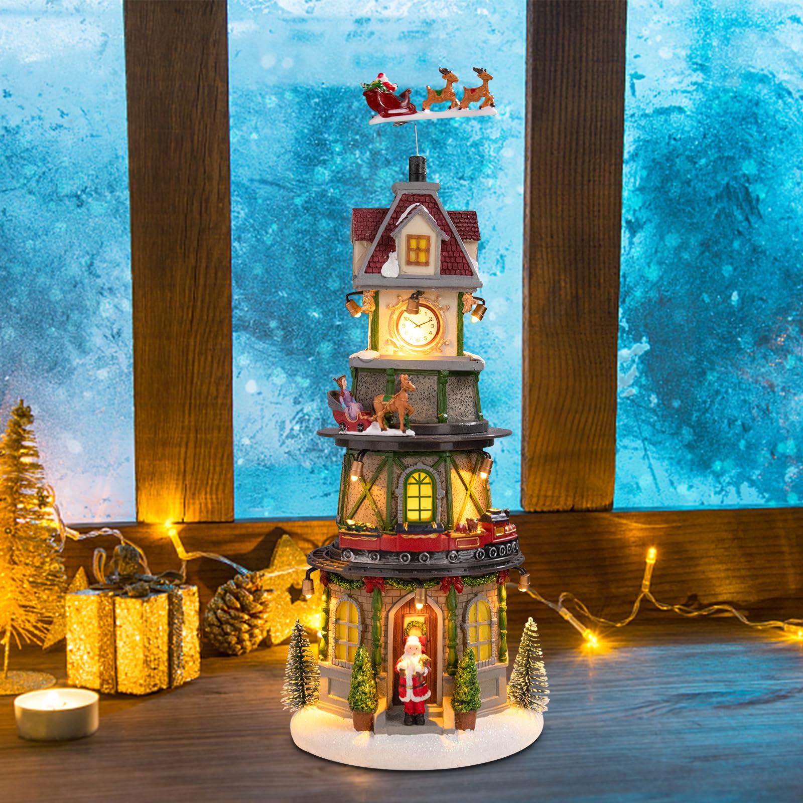 Christmas Village House Musical Christmas Collectible Buildings Church Train Snowman Children Skating with LED Lights Vacation Village with USB Indoor Figurines Indoor Tabletop Decoration