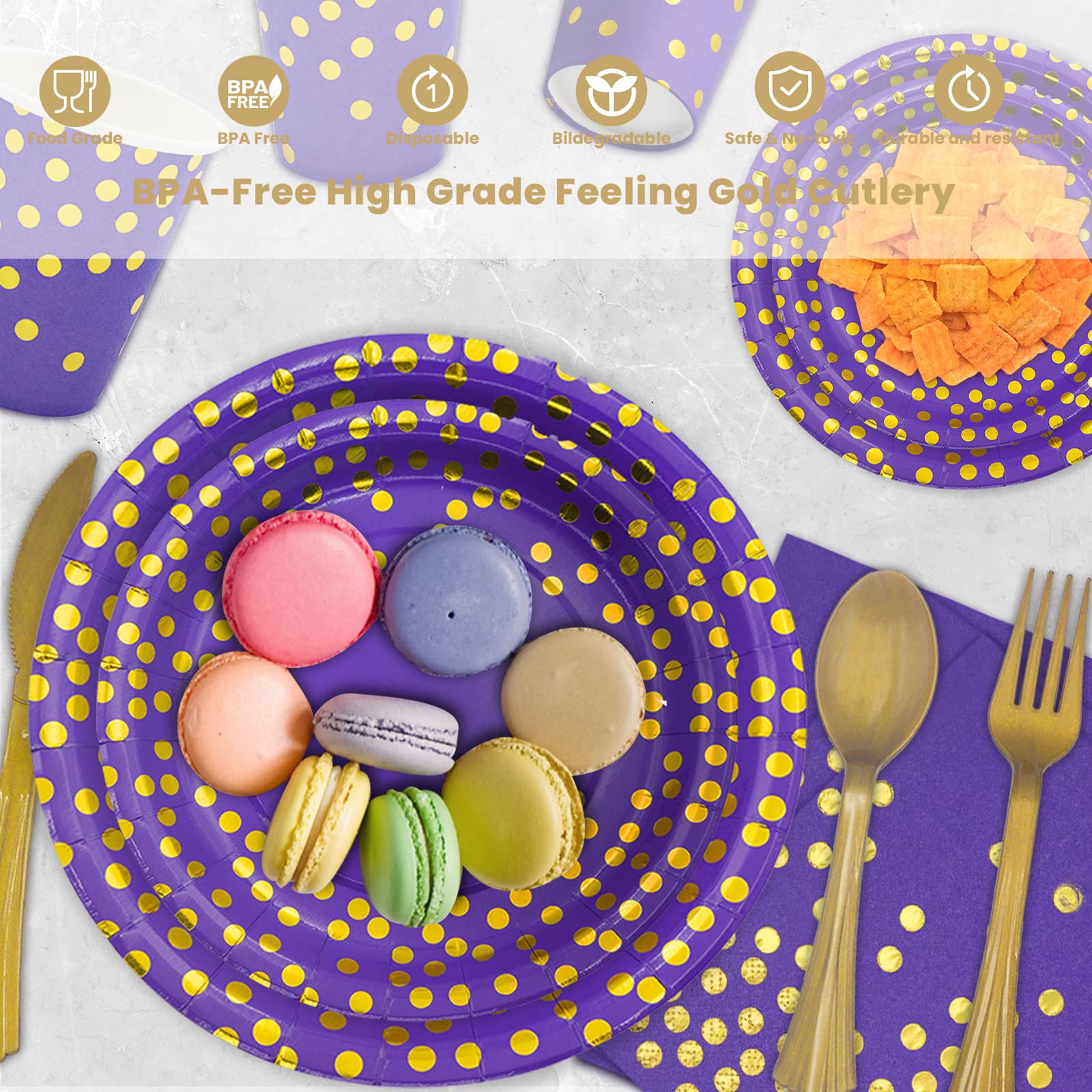 AIRE 175PCS Black and Gold Paper Plates Party Supplies for 25 Guests Disposable Party Decorations Dinnerware Golden Dot Black Paper Plates Napkins Cups Gold Plastic Forks Knives Spoons for Mothers Day