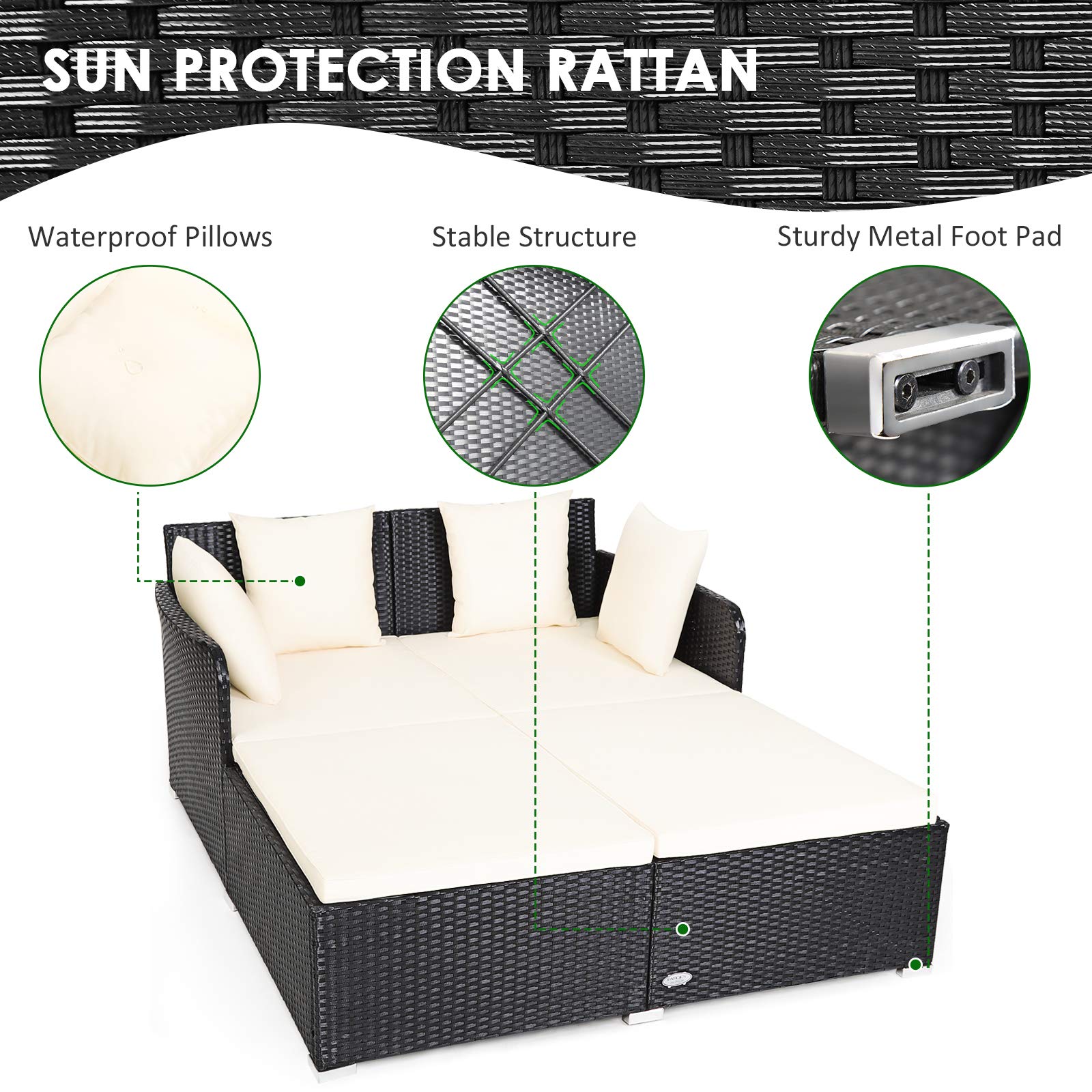 Tangkula Patio Rattan Daybed with Retractable Canopy, Outdoor Wicker Sunbed Lounger with 2 Foldable Side Tables, Thick Seat & Back Cushions, Outside Double Daybed for Garden, Backyard, Porch