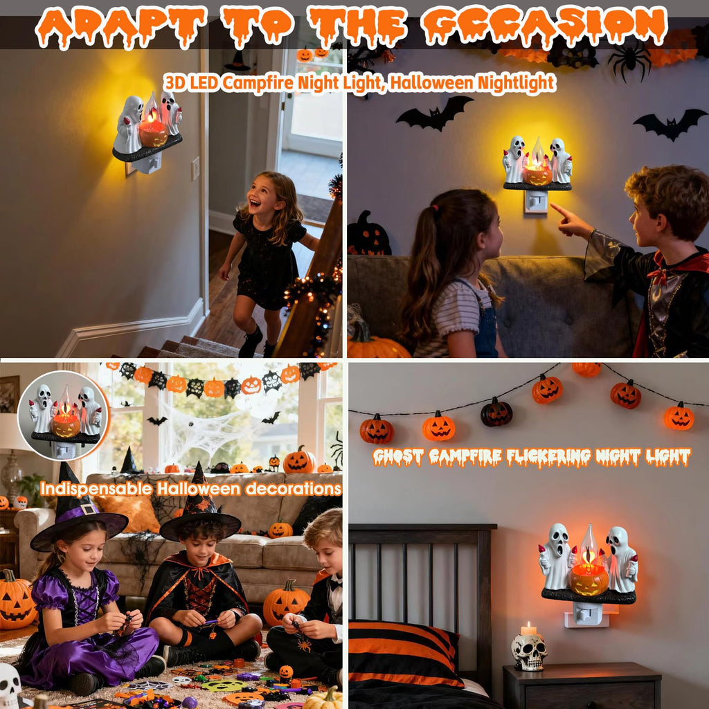 Ghost Campfire Nightlight,Halloween Campfire Flickering Night Light,3D Spooky Fire Marshmallow Night Light for Halloween Decor (Cute Ghost)