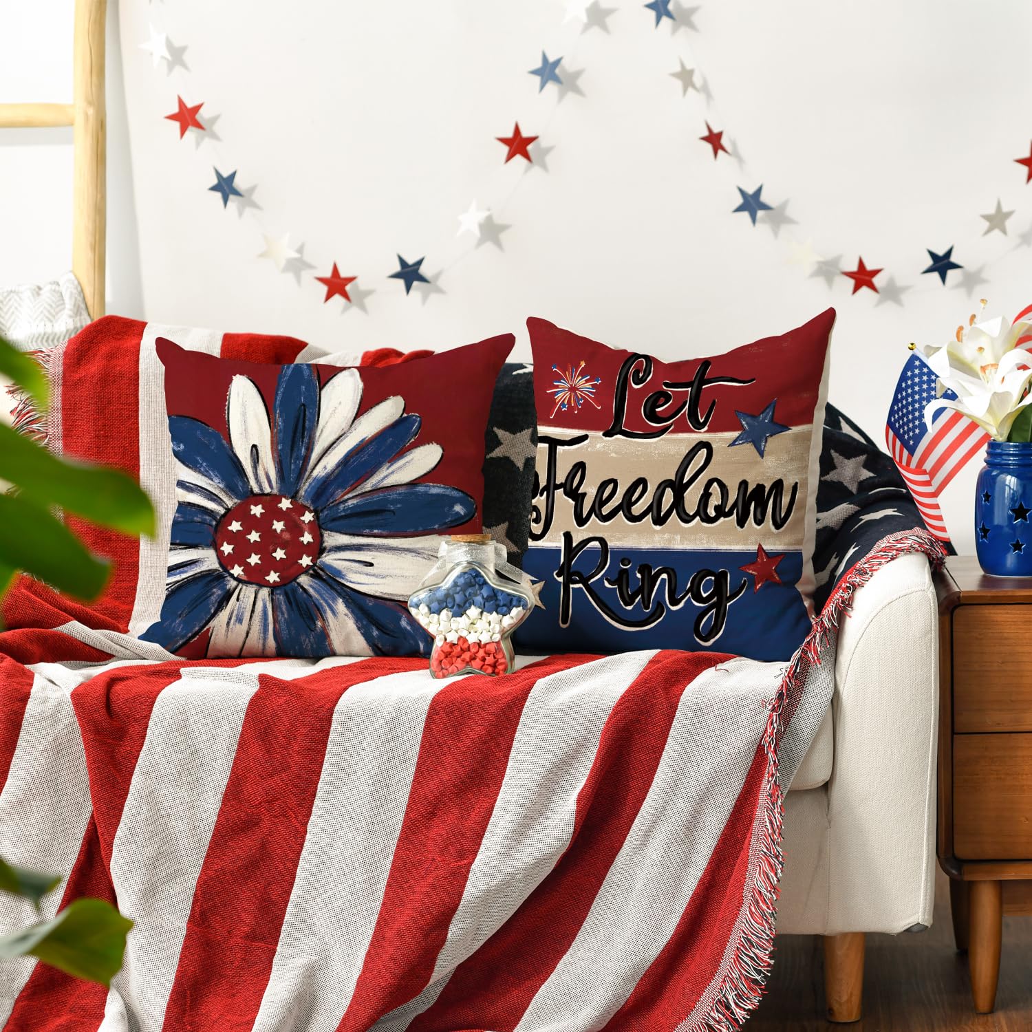 AVOIN colorlife Let Freedom Ring Stars Fireworks Flower Red Throw Pillow Covers, 12 x 20 Inch 4th of July Patriotic Independence Memorial Day USA Flag Cushion Case for Sofa Couch Set of 4