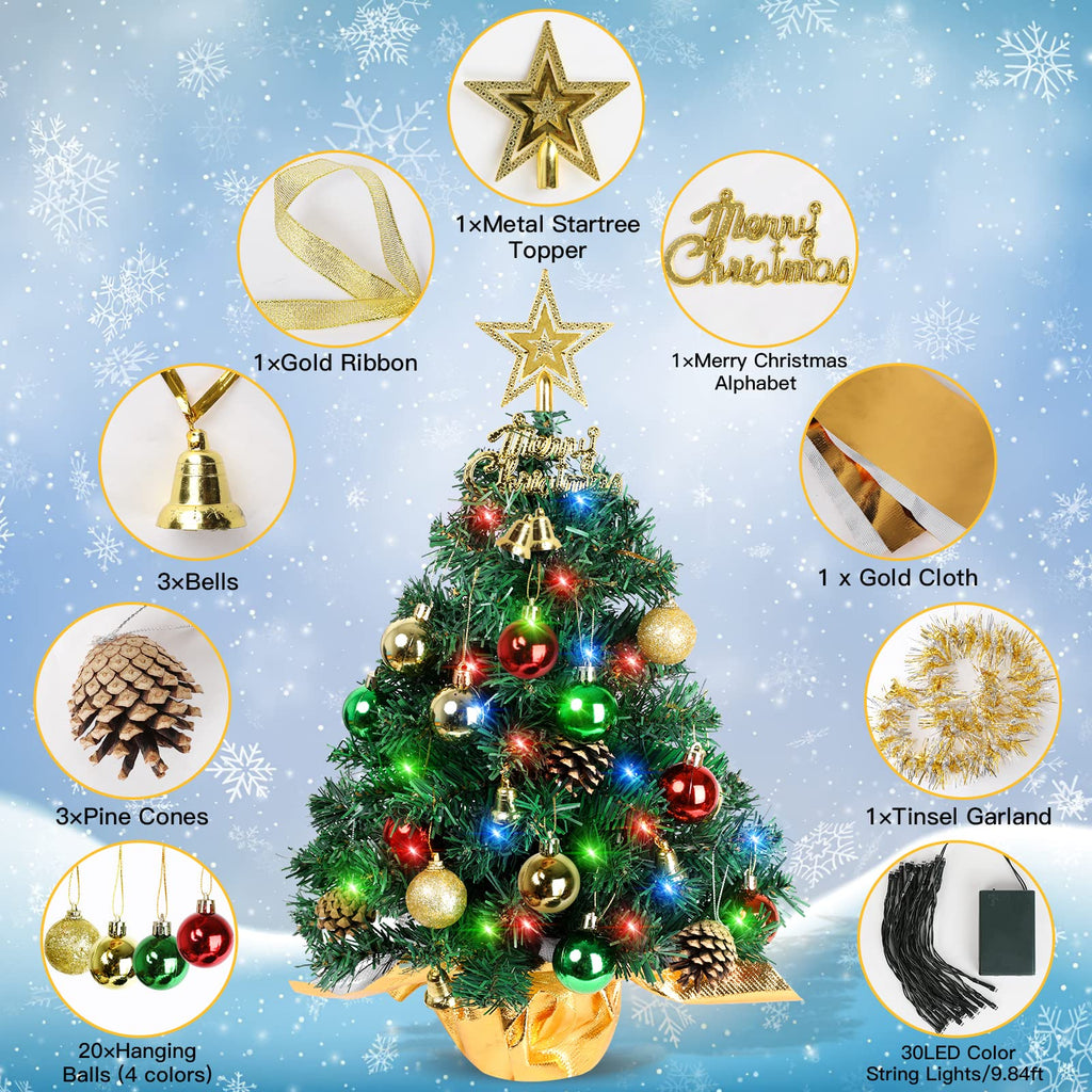 Tabletop Christmas Tree 21.65 Inch Mini Artificial Christmas Tree with 20 LED String Lights, Star Tree, Pine Cones Ornaments, Small Xmas Tree for Holiday Indoor DIY Christmas Decor