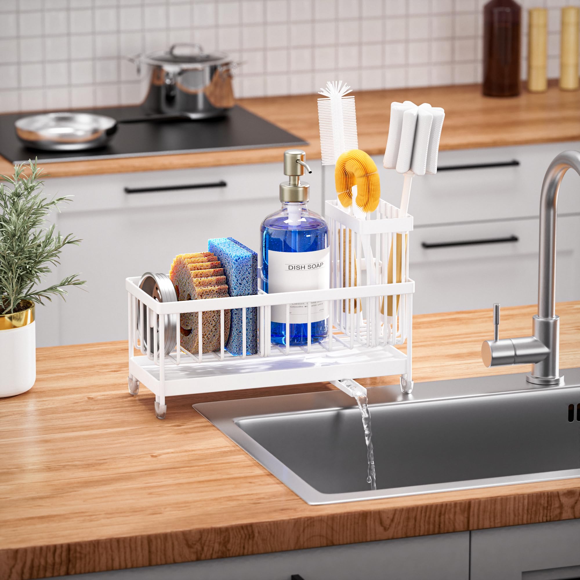 Cisily Sponge Holder for Kitchen Sink, Sink Caddy Organizer with High Brush Holder, Kitchen Countertop Organizers and Storage Essentials, Rustproof 304 Stainless Steel (Black, 9.25″)