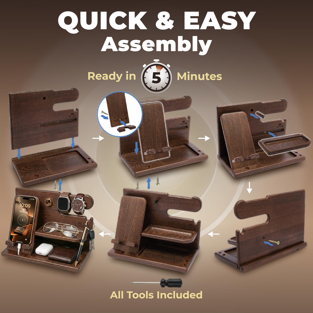 TESLYAR Wood Phone Docking Station for Men - Desk or Nightstand Organizer - Birthday Gifts for Husband, Dad - Anniversary Idea from Wife - Key Holder, Stand Wallet, Watch & Essentials (Bourbon Brown)