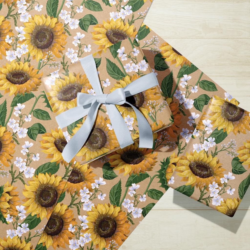 WRAPAHOLIC Kraft Floral Wrapping Paper Roll - Mini Roll - 17 Inch x 9.8 Feet - Spring Summer Garden Flower Design Perfect for Wedding, Bridal Shower, Birthday