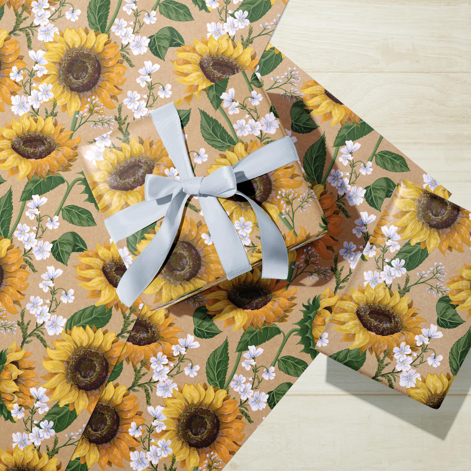 WRAPAHOLIC Kraft Floral Wrapping Paper Roll - Mini Roll - 17 Inch x 9.8 Feet - Spring Summer Garden Flower Design Perfect for Wedding, Bridal Shower, Birthday