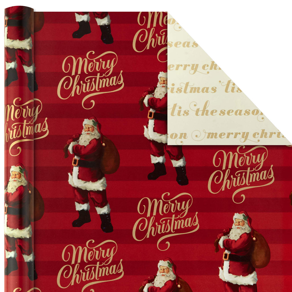 Hallmark Christmas Wrapping Paper Rolls - Traditional Holiday Gift Wrap Paper (Set of 3 Reversible Rolls: 120 sq. ft. Ttl) Red and Gold Snowflakes, Stripes, Plaid, Santa's Sleigh