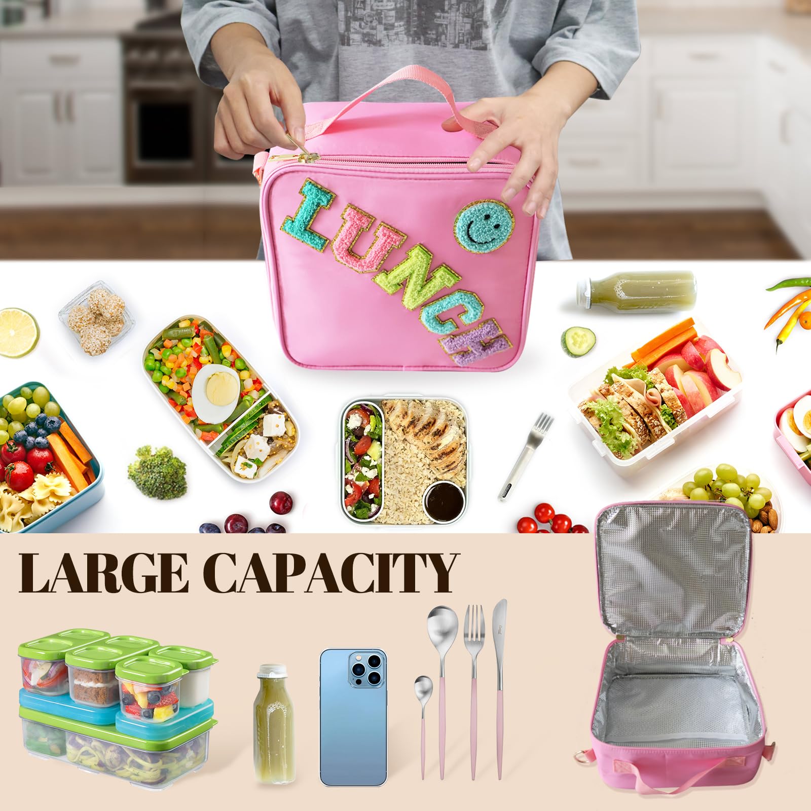 Insulated Lunch Bag With Adjustable Shoulder Strap, Nylon Preppy Lunch Box Large Insulated Lunch Bag Reusable Lunch Tote Bag with Smiley Preppy LunchBag for Girls School Travel Picnic (Purple)