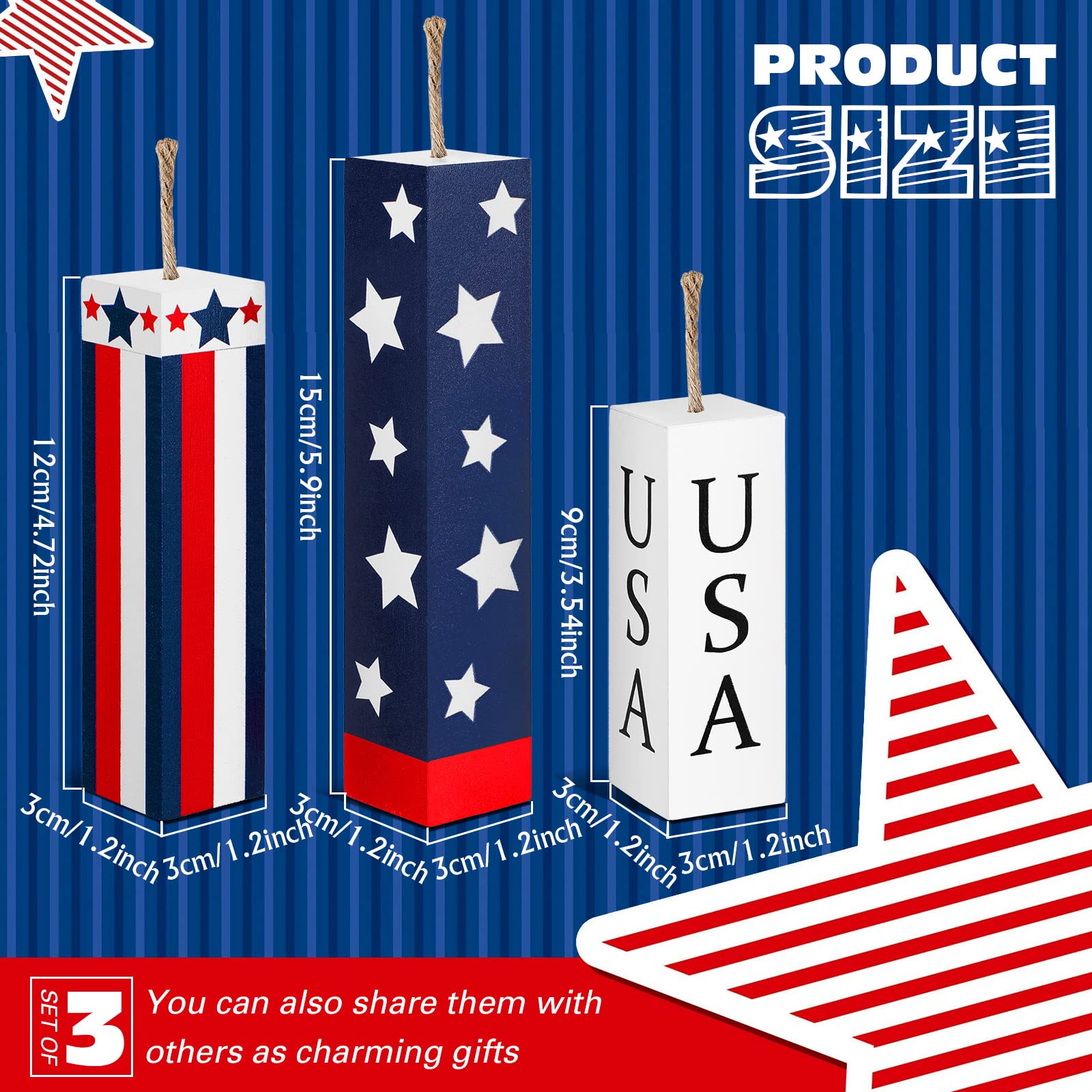 Amyhill 3 Pcs 4th of July Decorations Set Wooden Patriotic Table Centerpieces Independence Day Wood Firework Fourth of July Table Signs for 250th Anniversary Home Farmhouse Decor (Flag)