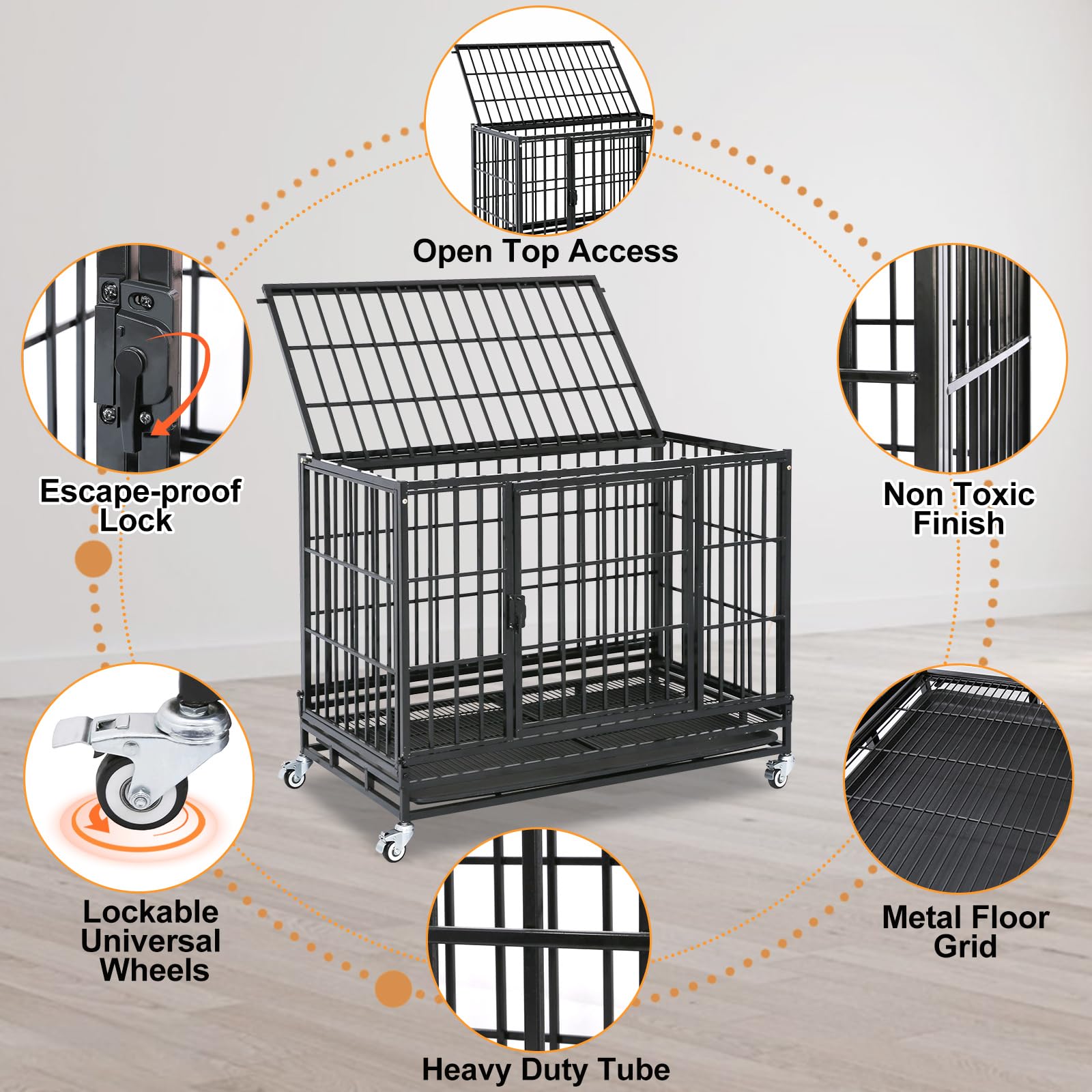 Homey Pet 37 Inch Heavy Duty Dog Crate for Medium Dogs, Stackable Dog Cage with Four Lockable Wheels, Removable Tray & Grid, Open Top, Escape Proof Dog Kennel Indoor