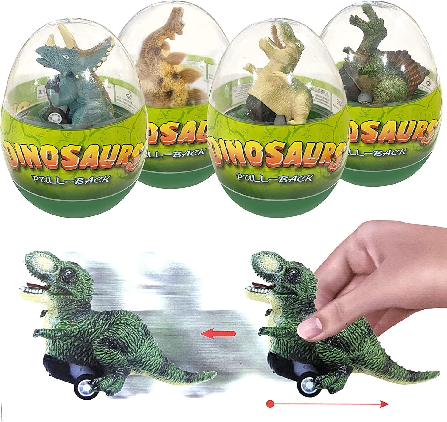 4 Pack Jumbo Dinosour Eggs with Dinosaur Pull Back Cars Dinos Vehicles Toys Inside for Kids Boys Girls Easter Basket Stuffers Party Favors Easter Egg Hunt