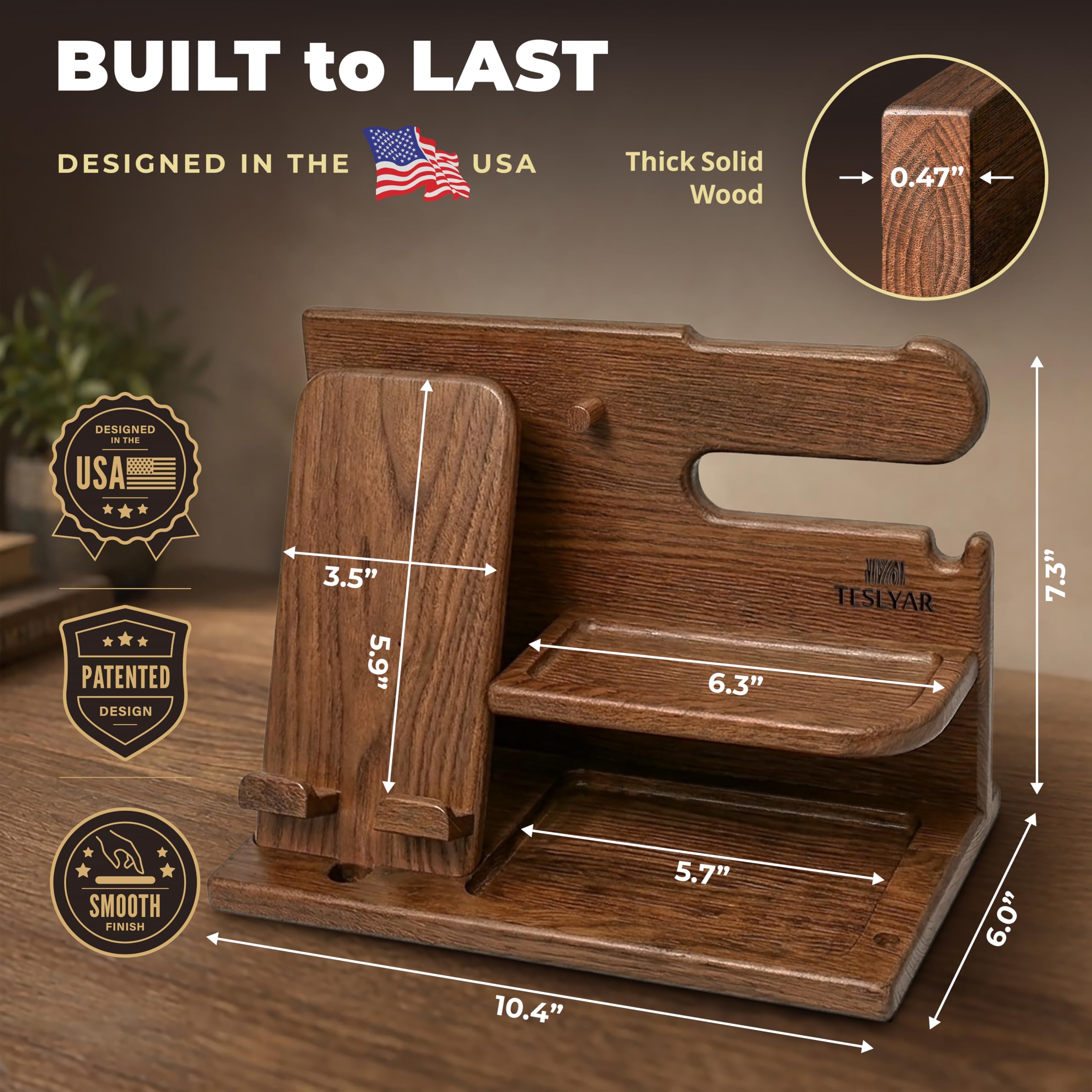 TESLYAR Wood Phone Docking Station for Men - Desk or Nightstand Organizer - Birthday Gifts for Husband, Dad - Anniversary Idea from Wife - Key Holder, Stand Wallet, Watch & Essentials (Bourbon Brown)