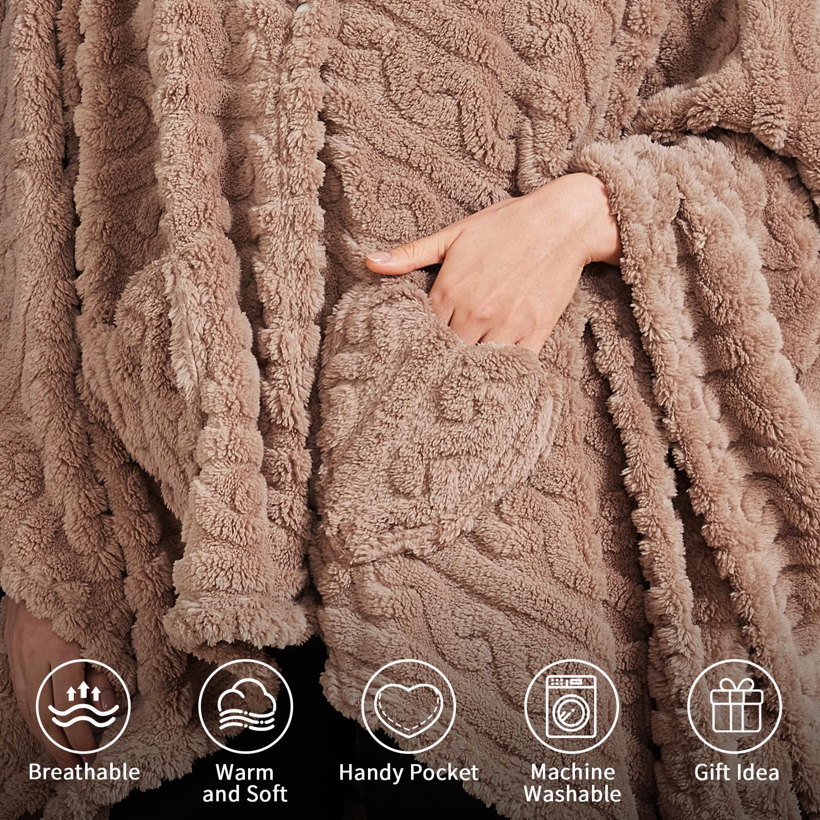 Wearable Blanket Poncho Cape Wrap for Adult, Cozy Sherpa Fleece Pocketed Shawl TV Throw Blankets for Office and Lounge(Caramel,58'' x 64'')