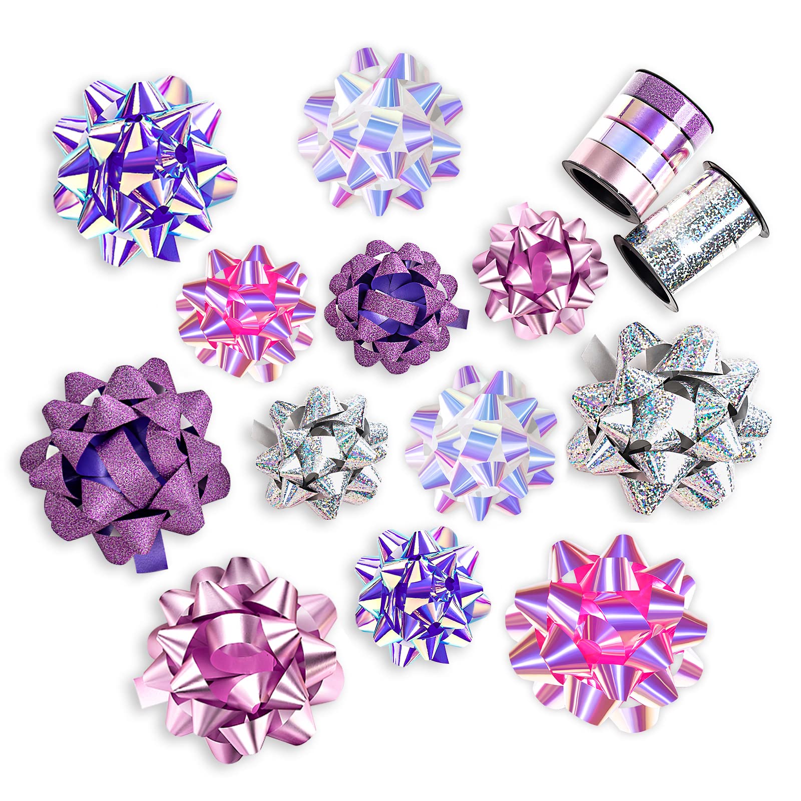 WRAPAHOLIC 14 Pcs Gift Bows Assortment - 12 Multi Colored Assorted Size Gift Bows (Purple, Pink, White, Rose Gold, Silver) and 2 Crimped Curling Ribbons, Perfect for Christmas, Holiday, Party