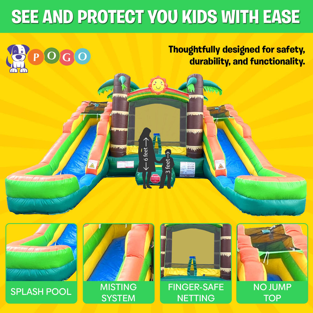 Crossover Tropical Double Water Slide Bounce House Combo, 16.5 x 15 x 11 Foot, PVC Vinyl Inflatable Bouncy House for Kids, Wet or Dry Slides, with Stakes, Storage Bag and 1 HP Blower