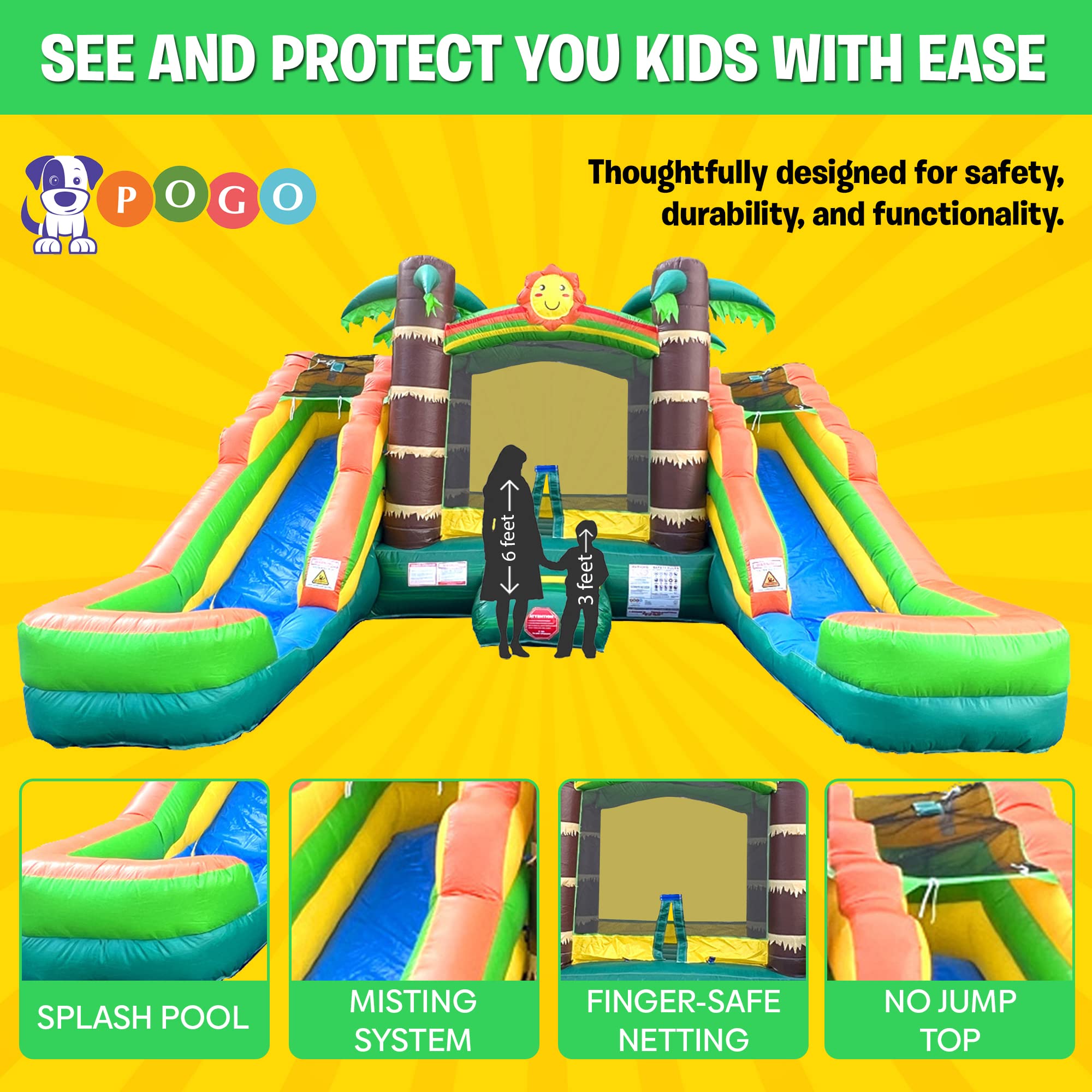 Crossover Tropical Double Water Slide Bounce House Combo, 16.5 x 15 x 11 Foot, PVC Vinyl Inflatable Bouncy House for Kids, Wet or Dry Slides, with Stakes, Storage Bag and 1 HP Blower