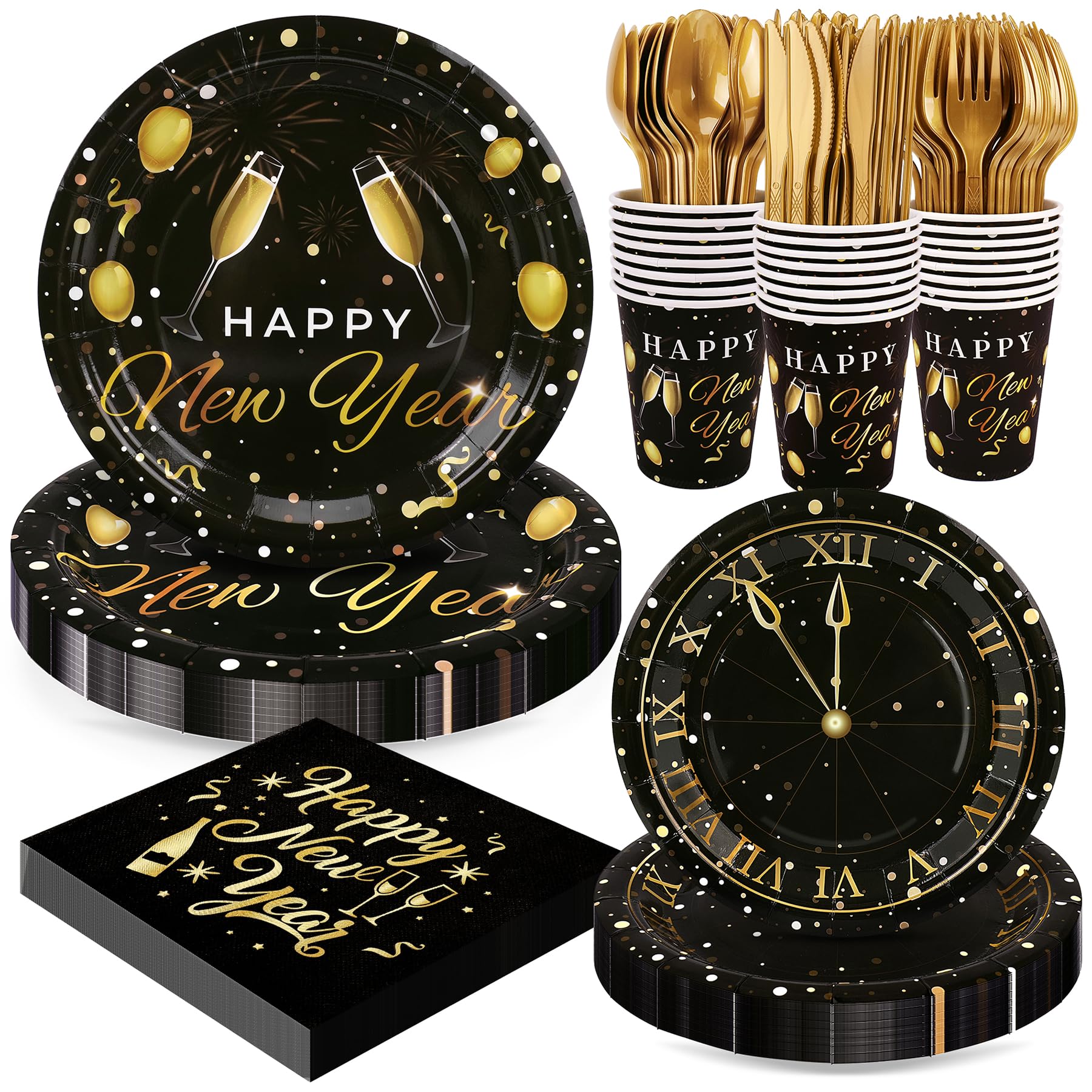 168pcs Happy New Year Party Supplies, Black and White Paper Plates Napkins Cups and Transparent Gold Cutlery for 24 Guests, 2026 New Year Disposable Tableware Supplies for Party Decorations