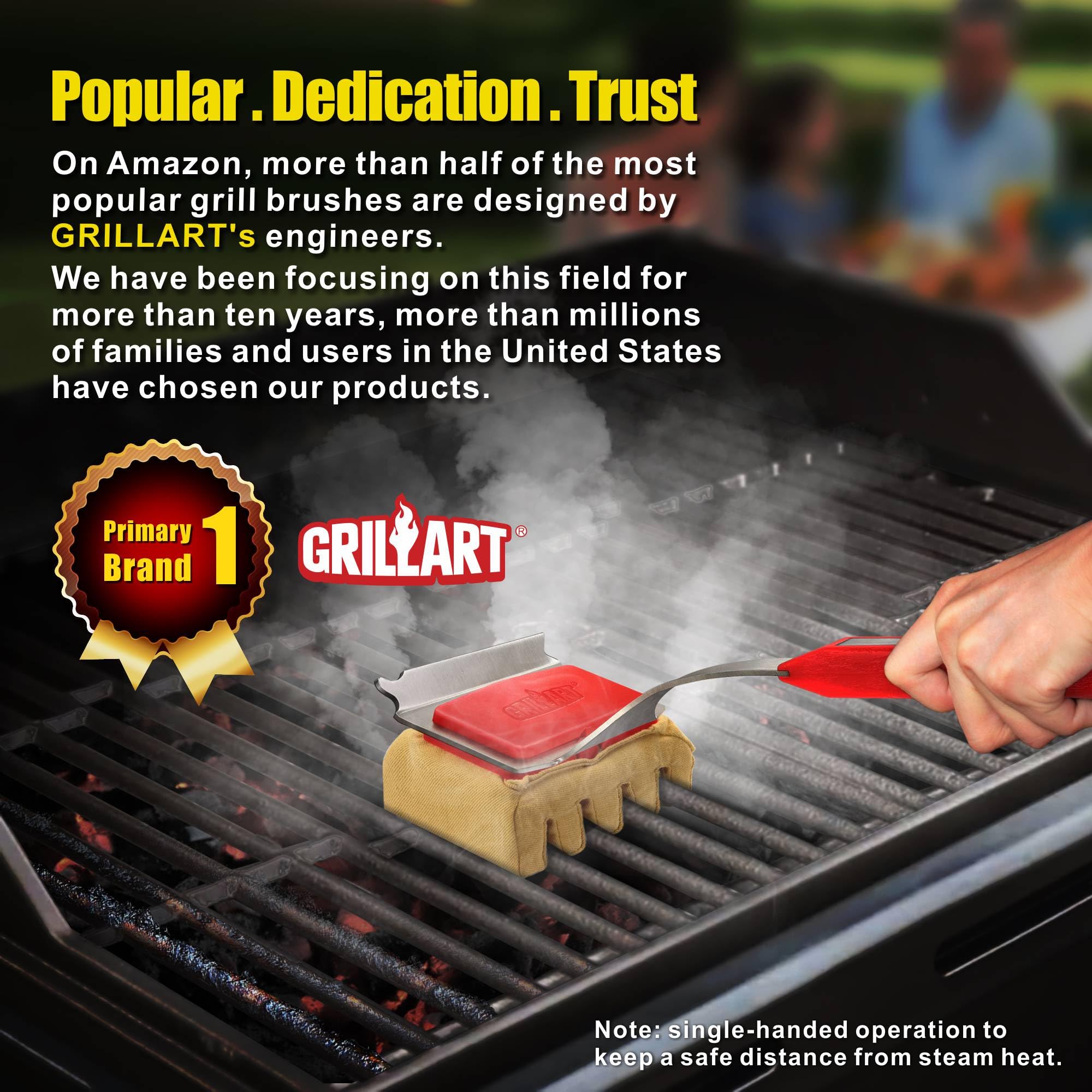 GRILLART Grill Brush Bristle Free. SteamWizards BBQ Replaceable Cleaning Head, Unique Seamless-Fit Scraper Tool for Cast Iron/Stainless-Steel Grates, Safe Barbecue Grill Cleaner-Red