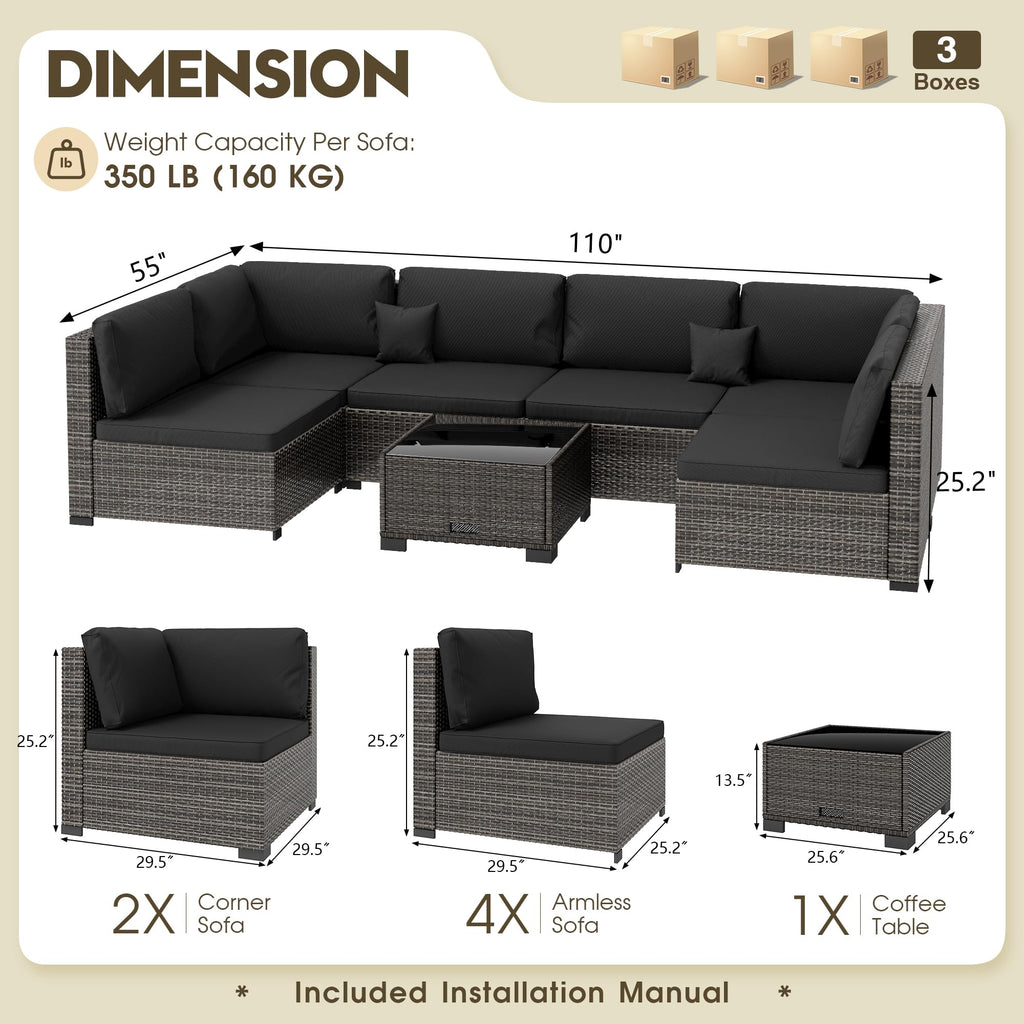 LHBcraft 7 Piece Patio Outdoor Furniture Set, Outdoor Sectional, All-Weather Manual Weaving PE Rattan Wicker Patio Sectional Sofa, Rattan Outside Furniture with Black Cushion and Glass Coffee Table