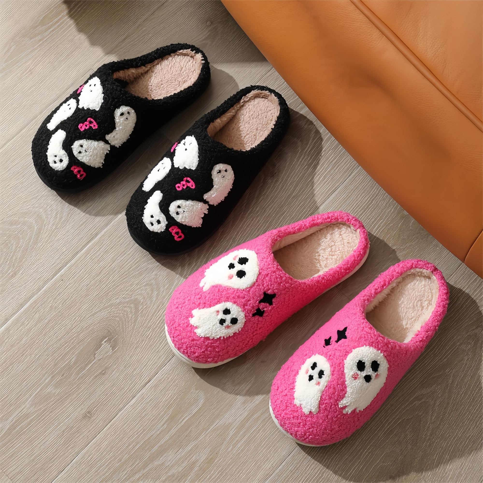 Halloween Slippers for Women Retro Soft Cozy Comfy Plush Lightweight Slip-on Indoor Outdoor Anti-Skid Sole Christmas House Shoes
