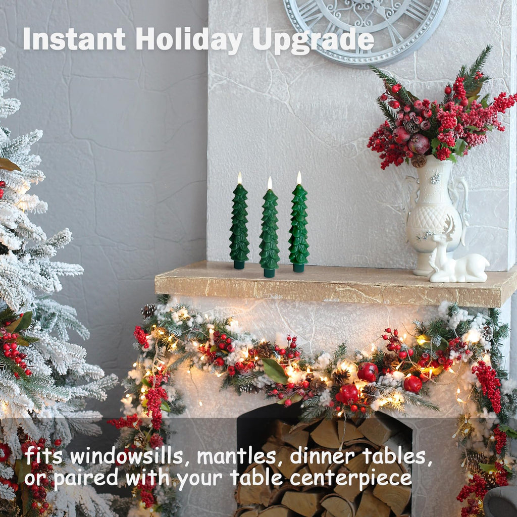 FPOO Christmas Decorations Indoor, 3 PCS Waxy Christmas Tree Candles with Remote Timer, Battery LED Candlesticks for Window, Table Centerpiece, Xmas Decor, Gift (7.5 inches)