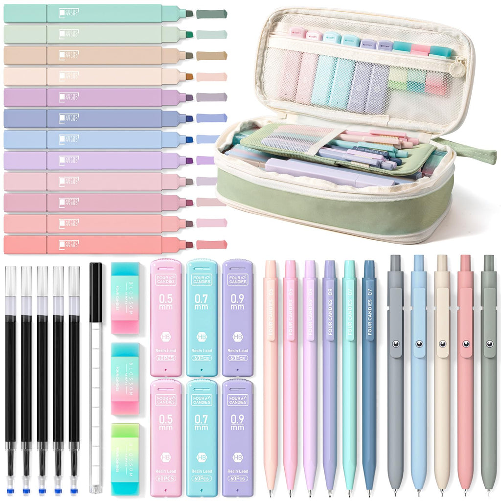 Four Candies 39 PCS Aesthetic Stationery Set with Cute Pen Case, College Supplies and Nursing Student Essentials, 12 Pastel Highlighters, 5 Black Gel Pens, 6 Mechanical Pencils, Blue