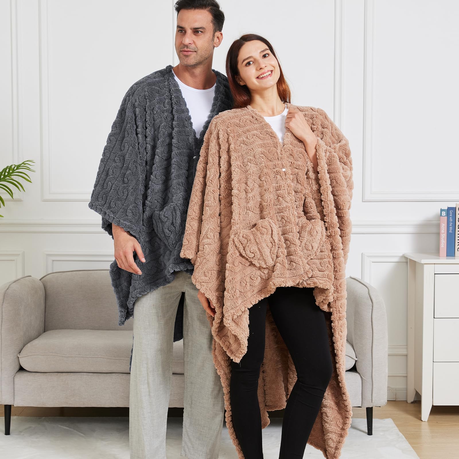 Wearable Blanket Poncho Cape Wrap for Adult, Cozy Sherpa Fleece Pocketed Shawl TV Throw Blankets for Office and Lounge(Caramel,58'' x 64'')