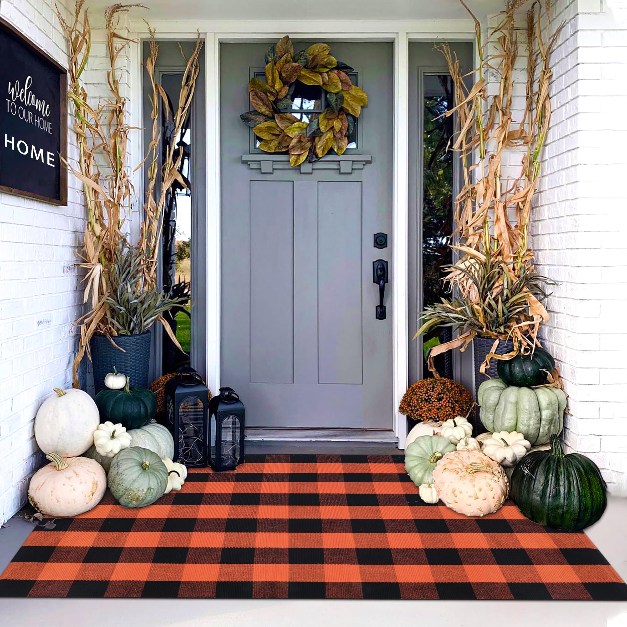 Orange and Black Plaid Rug, 28'' x 43'' Fall Outdoor Front Door Decor Mat, Cotton Washable Hand-Woven Rug for Layered Doormat, Autumn Halloween Thanksgiving Carpet for Porch, Entryway
