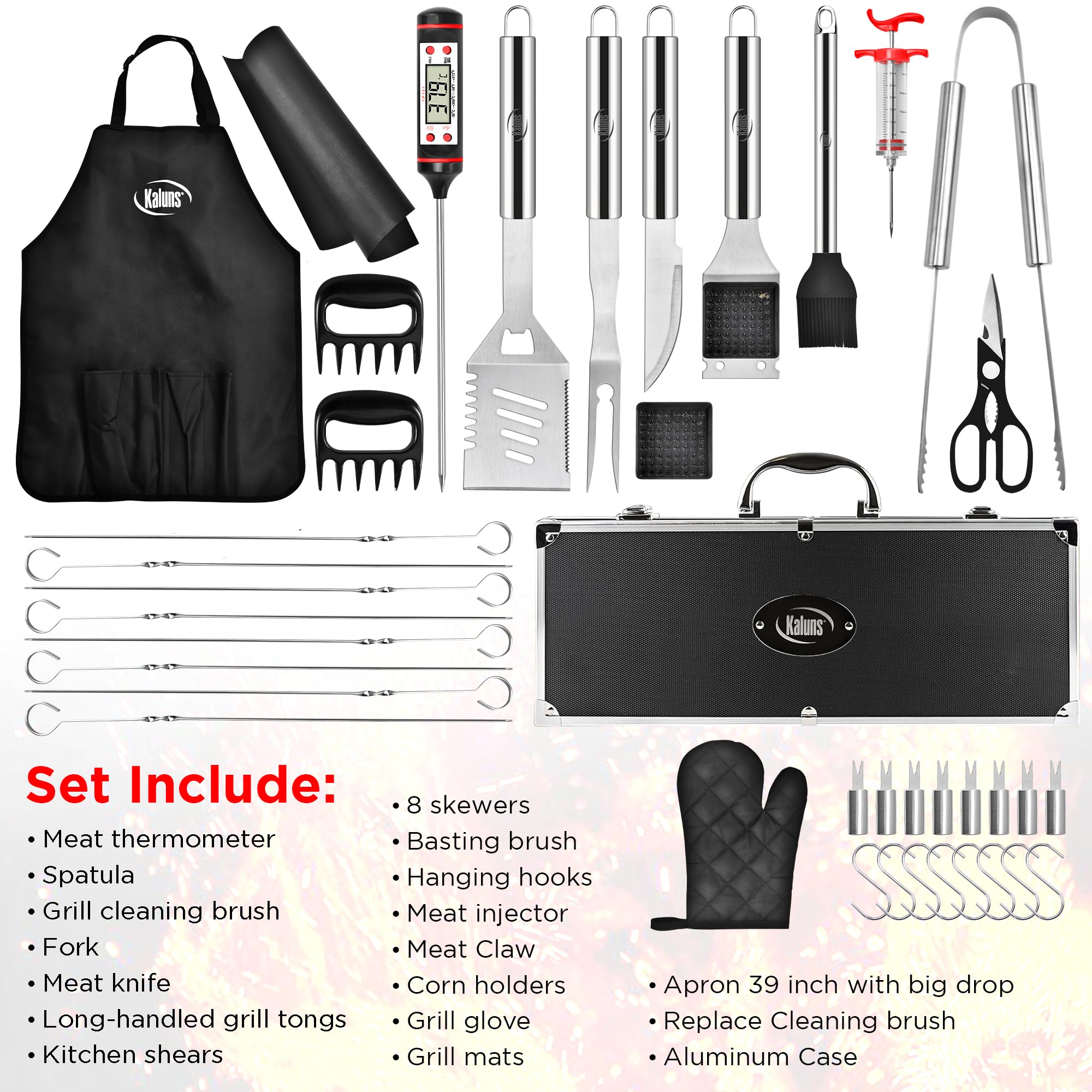 Kaluns Grilling Accessories, Dad Gifts for Fathers Day, Grilling Gifts, Heavy Duty Stainless Steel BBQ Tool Set for Outdoor Grill with Aluminum Case and Apron, Birthday Gifts for Men Women