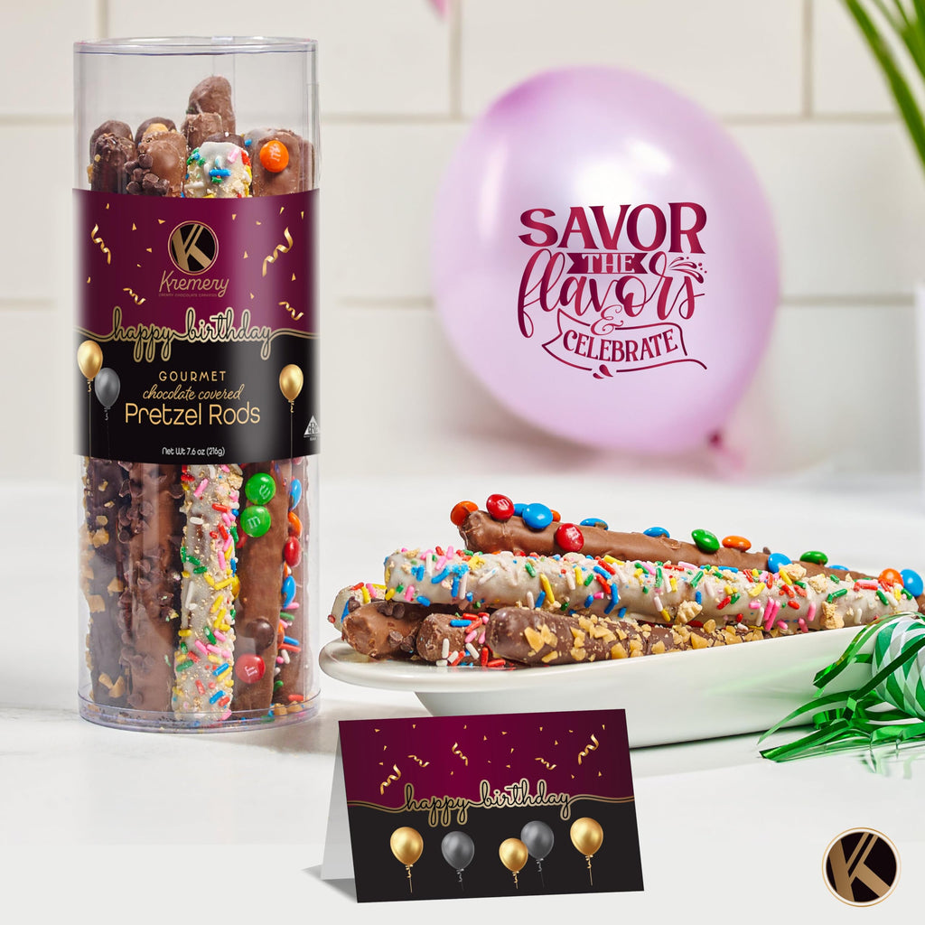 KREMERY Creamy Chocolate Cravings - Fathers Day Treats, Gift For Dad, Chocolate Covered Pretzel Rods Gift Basket with Candied Toppings (8 Pretzels) Sweet Treats in Clear Tube Kosher