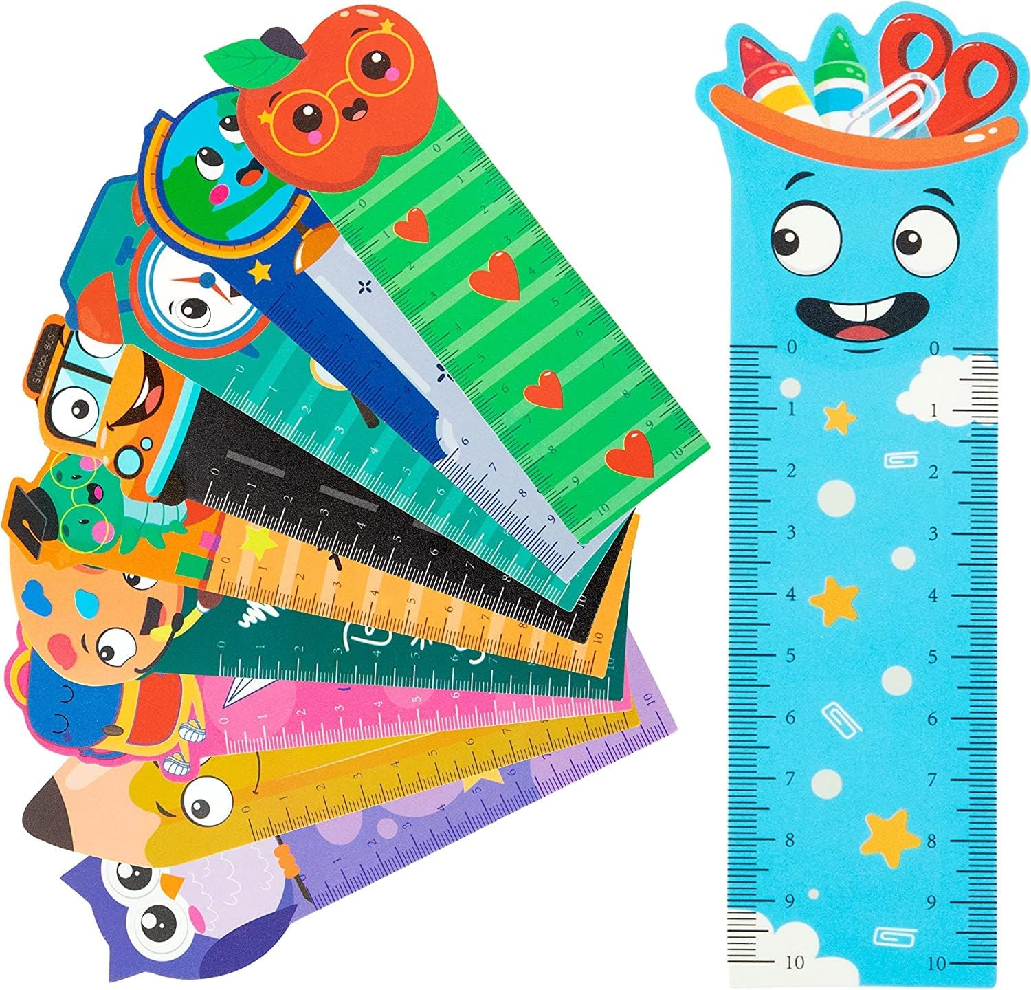 Haooryx Back to School Bookmark Rulers - 50Pcs 10 Styles Campus Theme Measuring Ruler Bookmark Double-side Printing Plastic Book Markers for Kids Birthday Gift Classroom Student Reward Gift Bag Filler