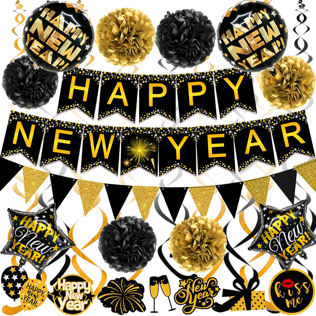 Famoby Happy New Year Paper Banner Triangle Flag Bunting Pom poms Swirls Streamers & Balloons for New year Party Decoration