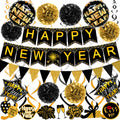 Famoby Happy New Year Paper Banner Triangle Flag Bunting Pom poms Swirls Streamers & Balloons for New year Party Decoration