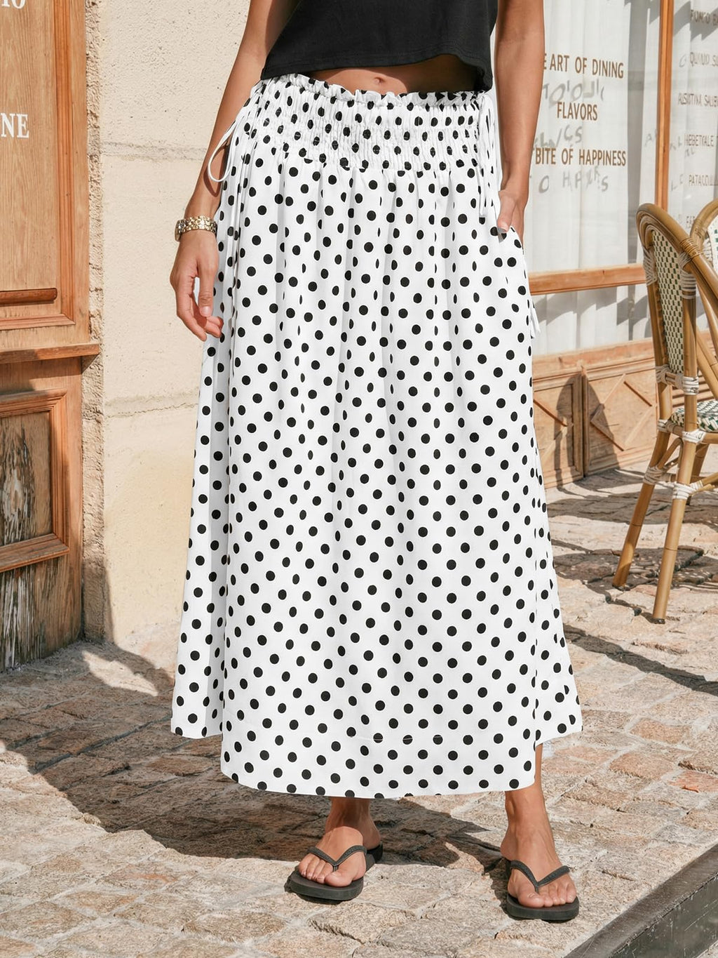 Tankaneo Womens Polka Dot Maxi Skirts Boho Smocked High Waisted Tie Skirt Casual Beach Vacation Dress