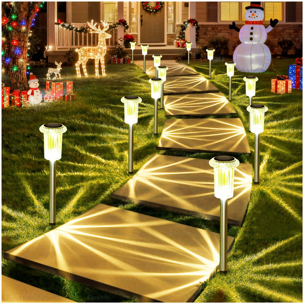 DenicMic Solar Lights Outdoor 10 Pack Waterproof 6000K Cold White LED Stainless Steel Stake Outside Lights for Yard Pathway Garden Driveway Walkway Landscape Path Lighting