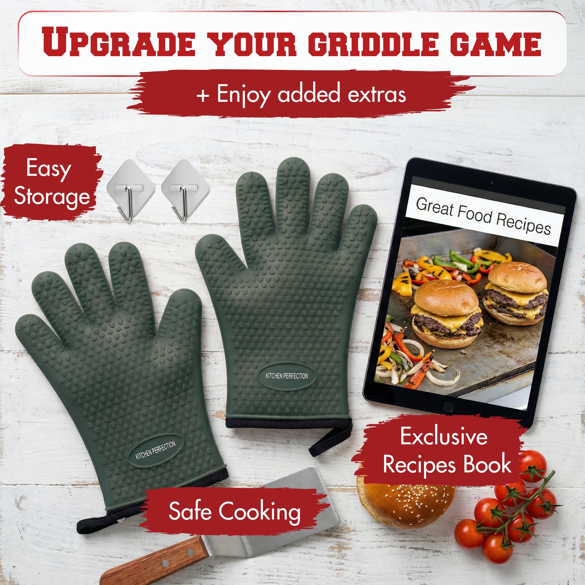KITCHEN PERFECTION Silicone Oven & Griddle Gloves -Extreme Heat Resistant BBQ & Grilling Gloves -Handle Hot Food Right on Your Griddle |Waterproof Oven Mitts Grill Gloves |Superior Set+3 Bonuses