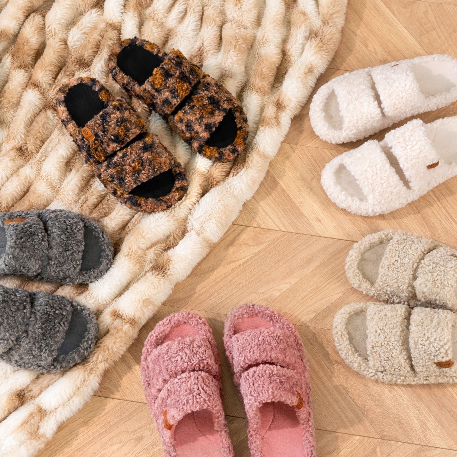 EverFoams Womens Fuzzy Open-toe Slippers Soft Comfy Memory Foam Indoor House Shoes