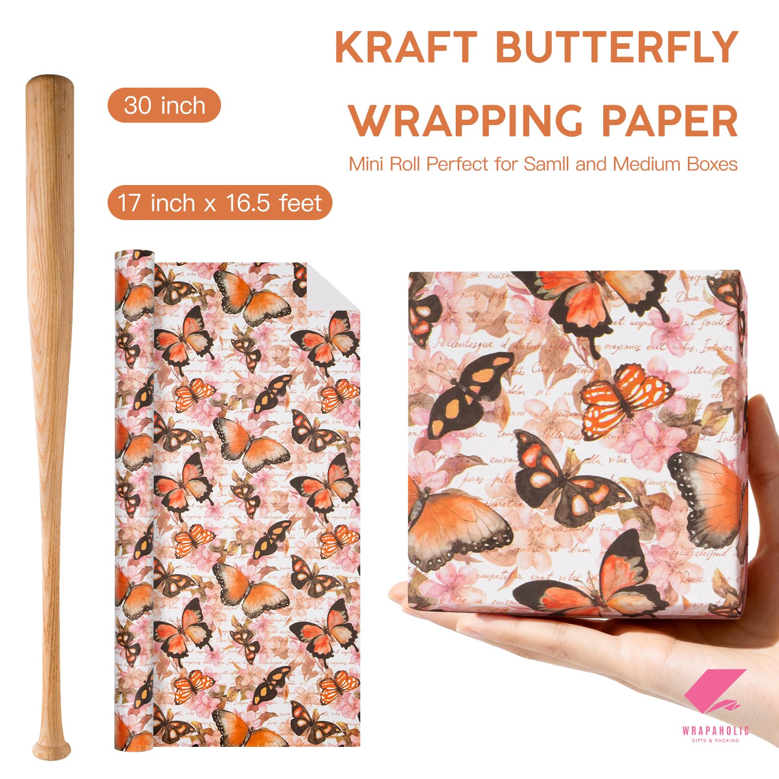 WRAPAHOLIC Kraft Floral Wrapping Paper Roll - Mini Roll - 17 Inch x 9.8 Feet - Spring Summer Garden Flower Design Perfect for Wedding, Bridal Shower, Birthday