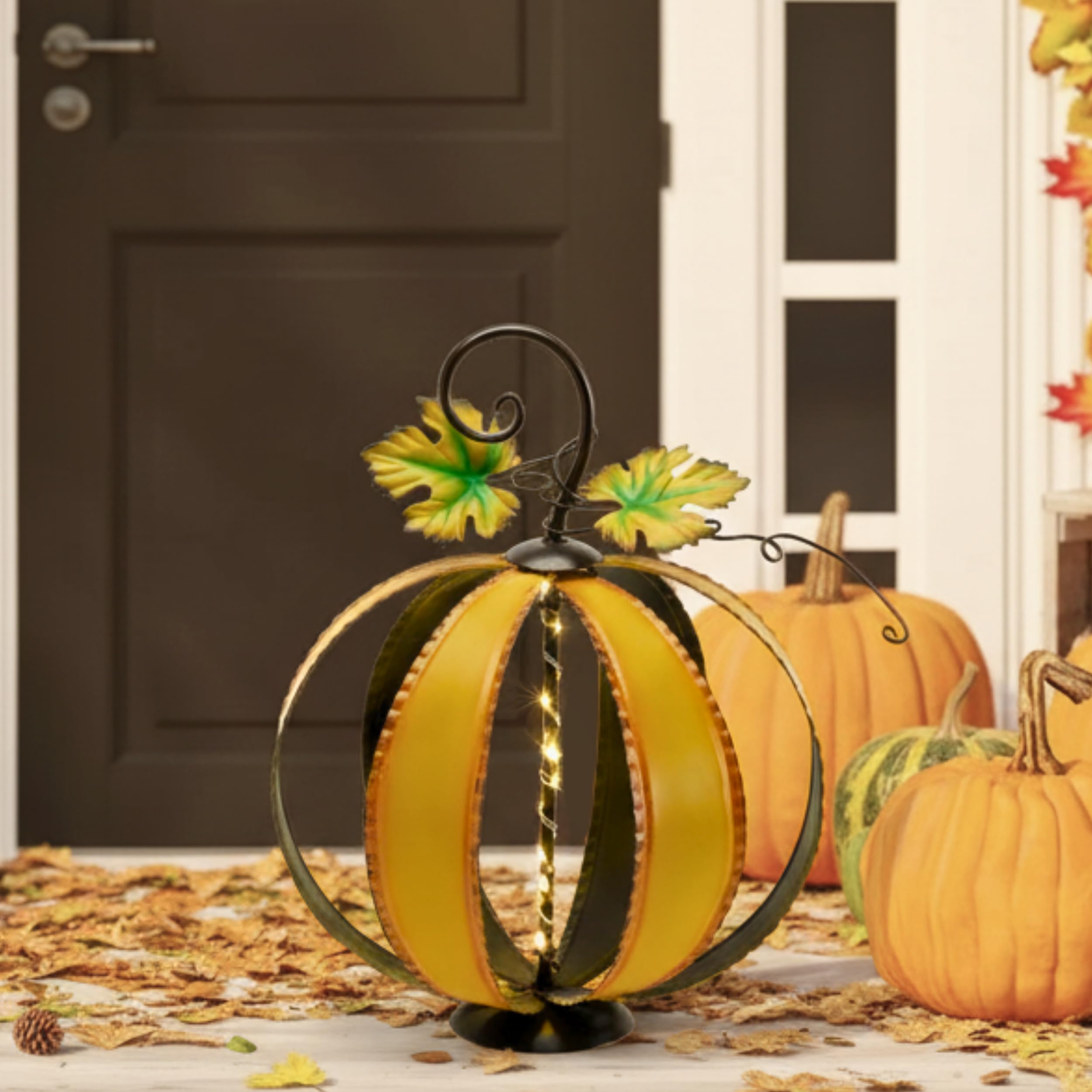 TERESA'S COLLECTIONS Fall Decor, Pumpkin Decor, Large Orange Pumpkin Decor with Light, 15.4", Metal Outdoor Fall Decor, Pumpkin Gifts, Fall Gifts, Thanksgiving Gifts, Indoor/Outdoor
