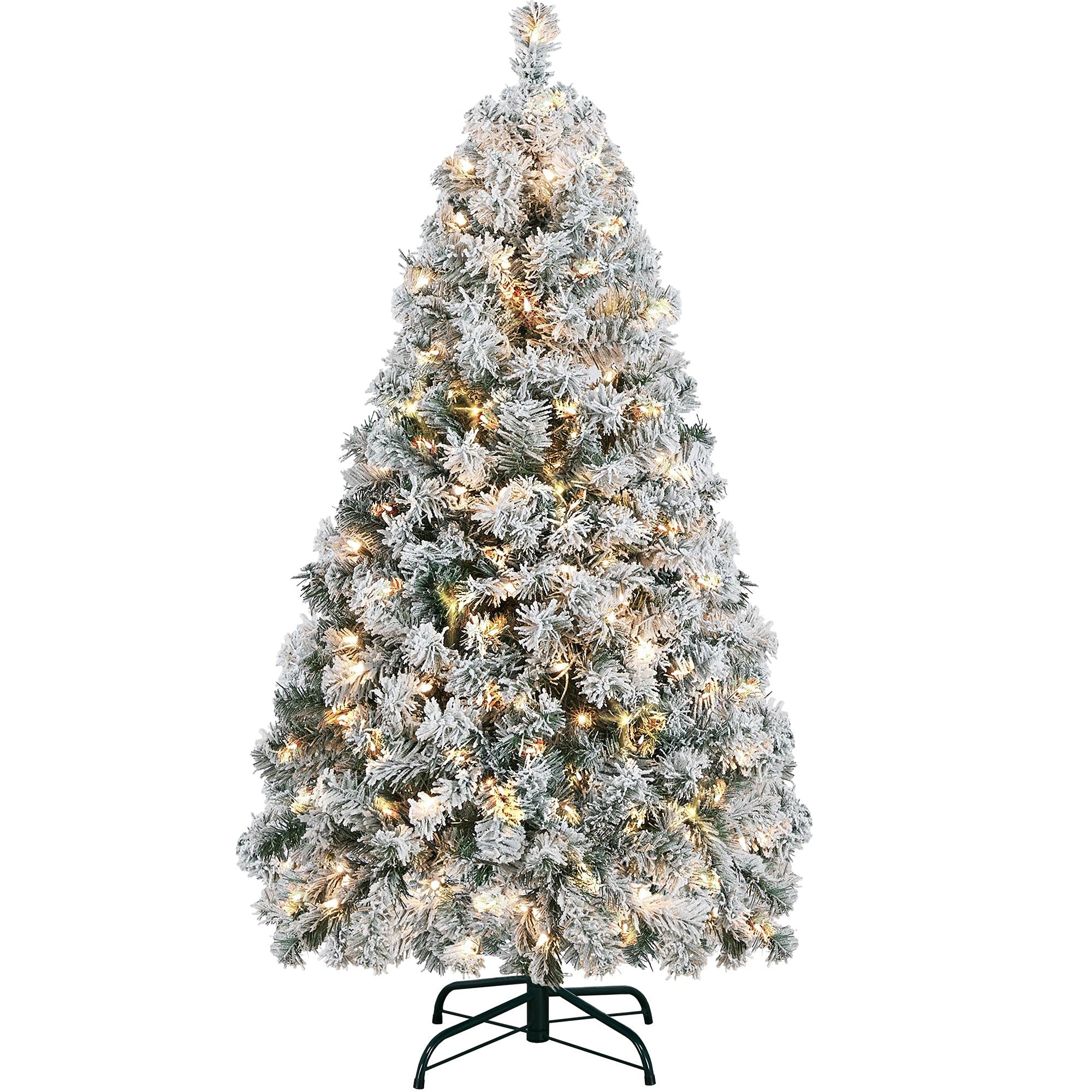 Yaheetech 6ft Snow Flocked Pre-lit Christmas Tree with 250 Warm White Lights, 820 Lush Branch Tips & Quick-Assembly Hinged Design, Full Artificial Xmas Tree for Winter Holiday Décor, Green & White