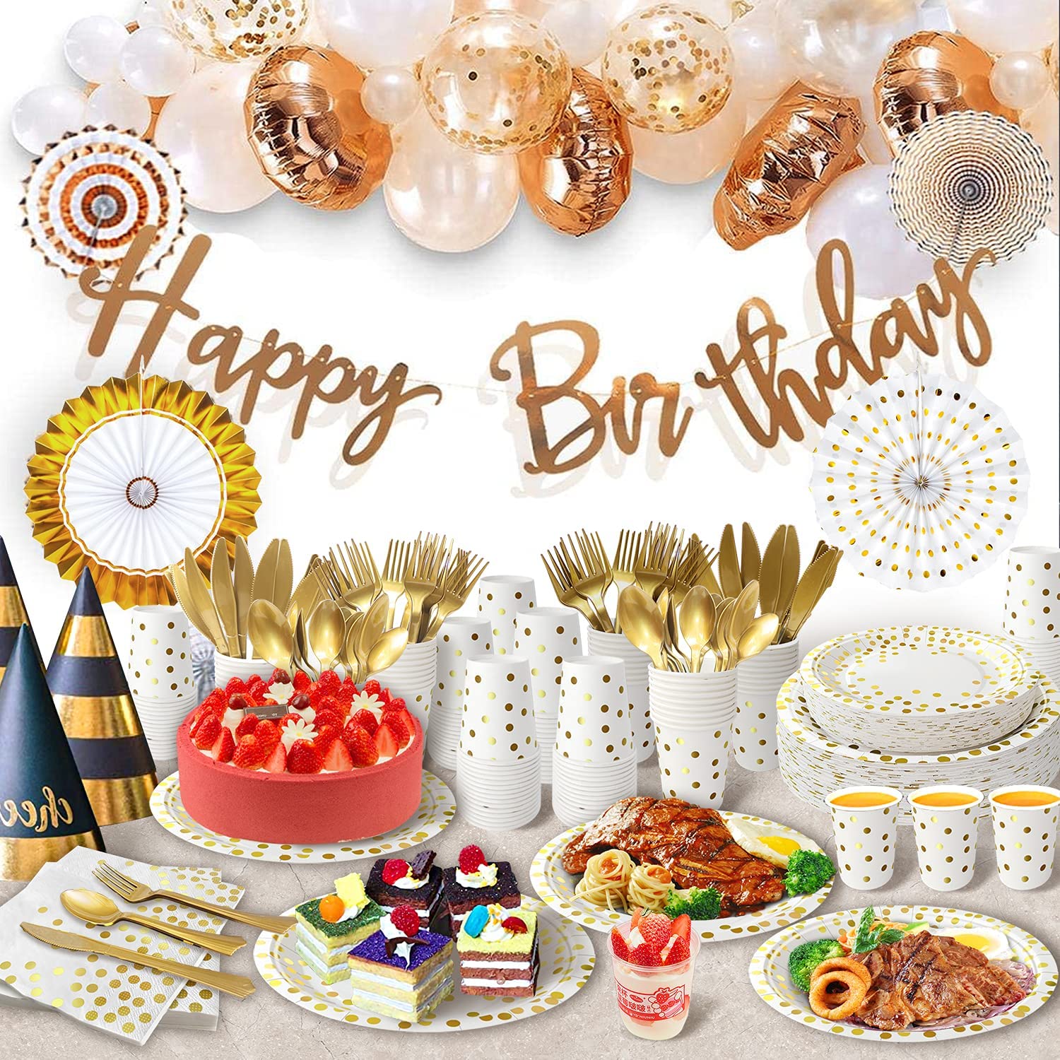 AIRE 175PCS White and Gold Party Supplies, Heavy Duty Disposable Dinnerware Set Serves 25, Paper Plates Plastic Forks Knives Spoons for Birthday,Graduation, Bridal Shower Decoration