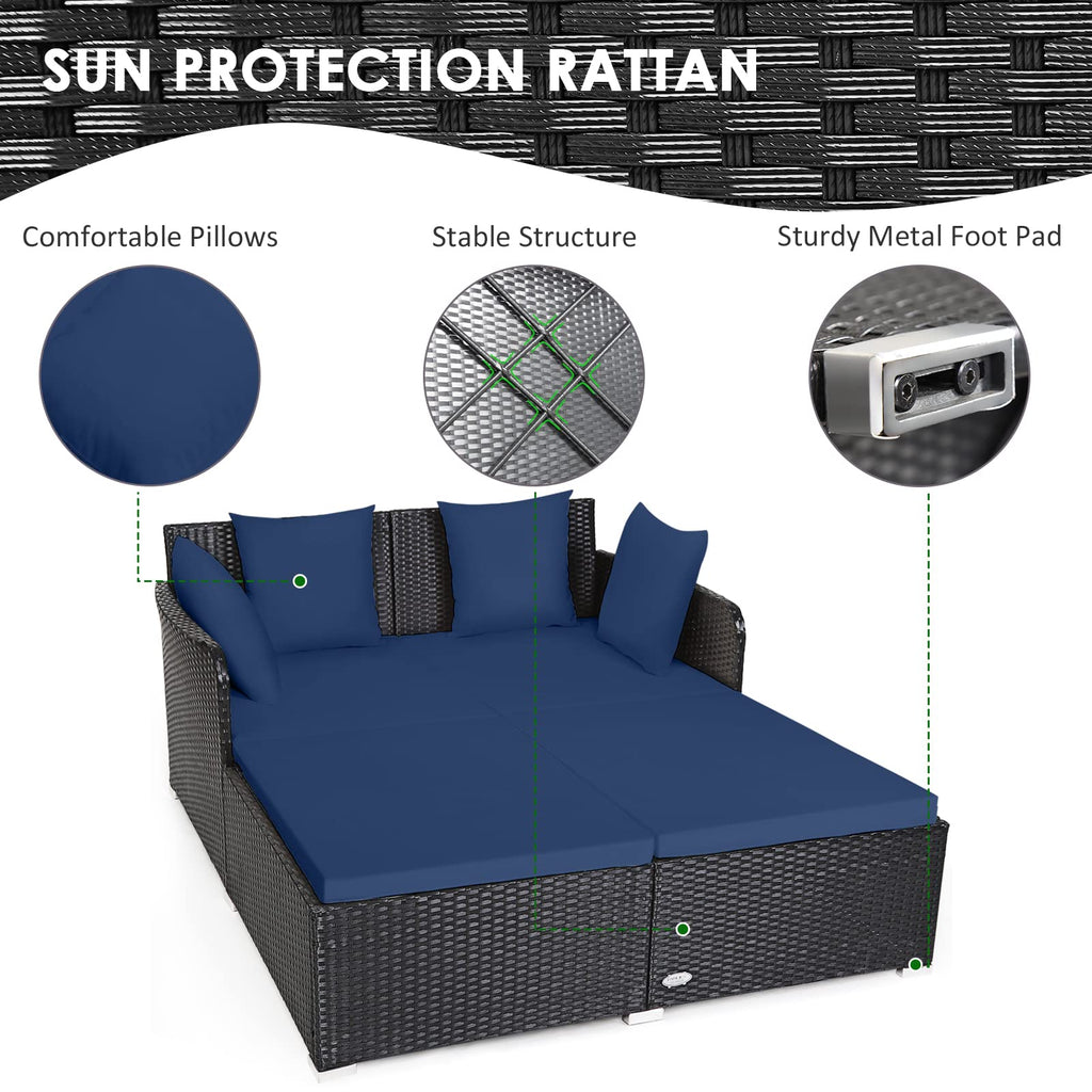 Tangkula Patio Rattan Daybed with Retractable Canopy, Outdoor Wicker Sunbed Lounger with 2 Foldable Side Tables, Thick Seat & Back Cushions, Outside Double Daybed for Garden, Backyard, Porch