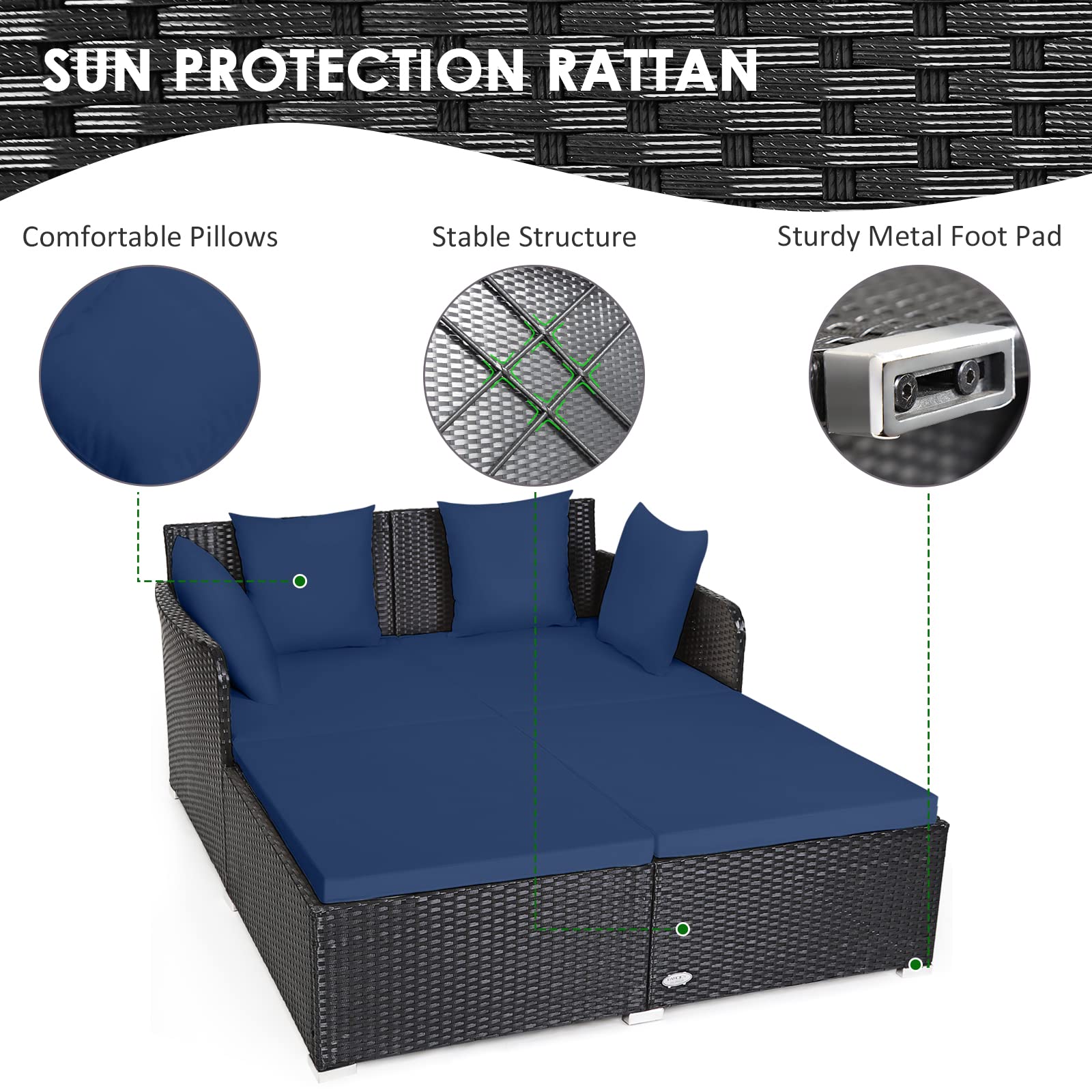 Tangkula Patio Rattan Daybed with Retractable Canopy, Outdoor Wicker Sunbed Lounger with 2 Foldable Side Tables, Thick Seat & Back Cushions, Outside Double Daybed for Garden, Backyard, Porch