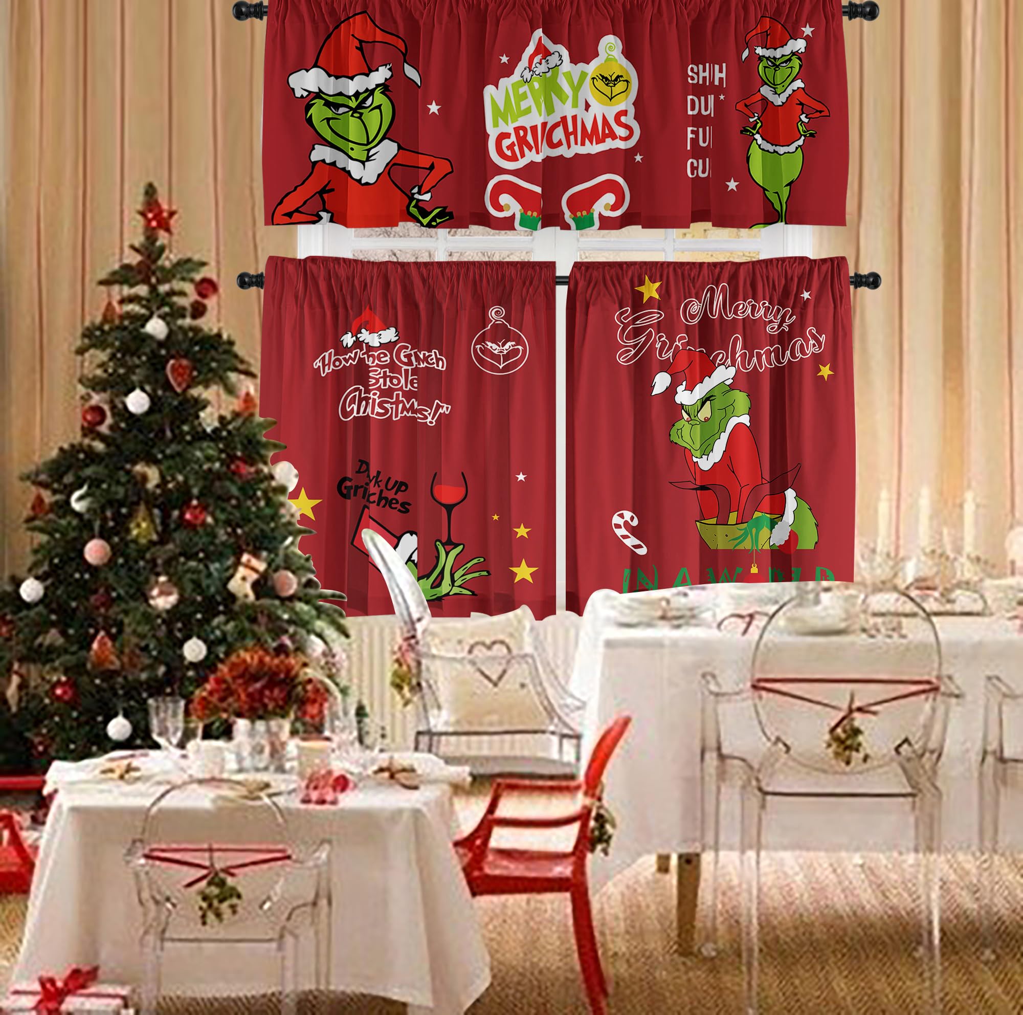 Christmas Kitchen Curtain Valances Winter Holiday Festive Small Window Decoration, Red and Green Farmhouse Xmas Design, 52x18inchx1, 26x36inchx2, 3 Panel, Rod Pocket