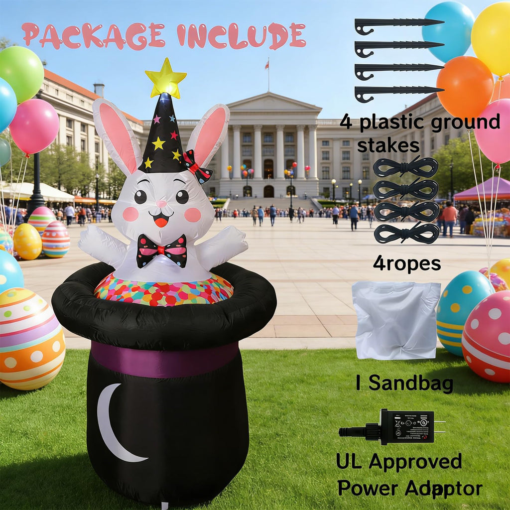 IHGYT 5 Ft Inflatable Easter Bunny in Magic Hat Yard Decoration, Cute Wizard Rabbit Popping Out of Top Hat with LED Lights, Blow Up Lawn Decor for Easter, Birthday Party, Indoor Outdoor Home Garden