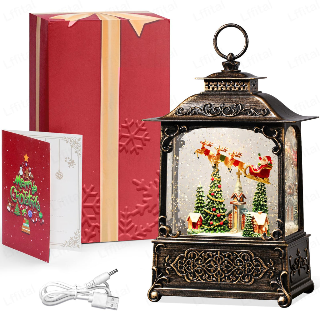 Snowman Christmas Snow Globe Lantern, Lighted Christmas Decorations for Home Candle Shaped Snow Lantern with Music Timer Glittering, Home Decor Festival Gife, USB & Battery Operated
