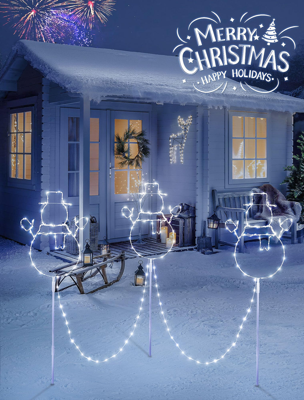 Christmas Walkway Lights,200LED White Christmas Decorations Pathway Lights Plug in,Timer 8 Mode Snowman Garden Light with Stake Waterproof for Fence,Patio,Yard,Party,Xmas Decor-White