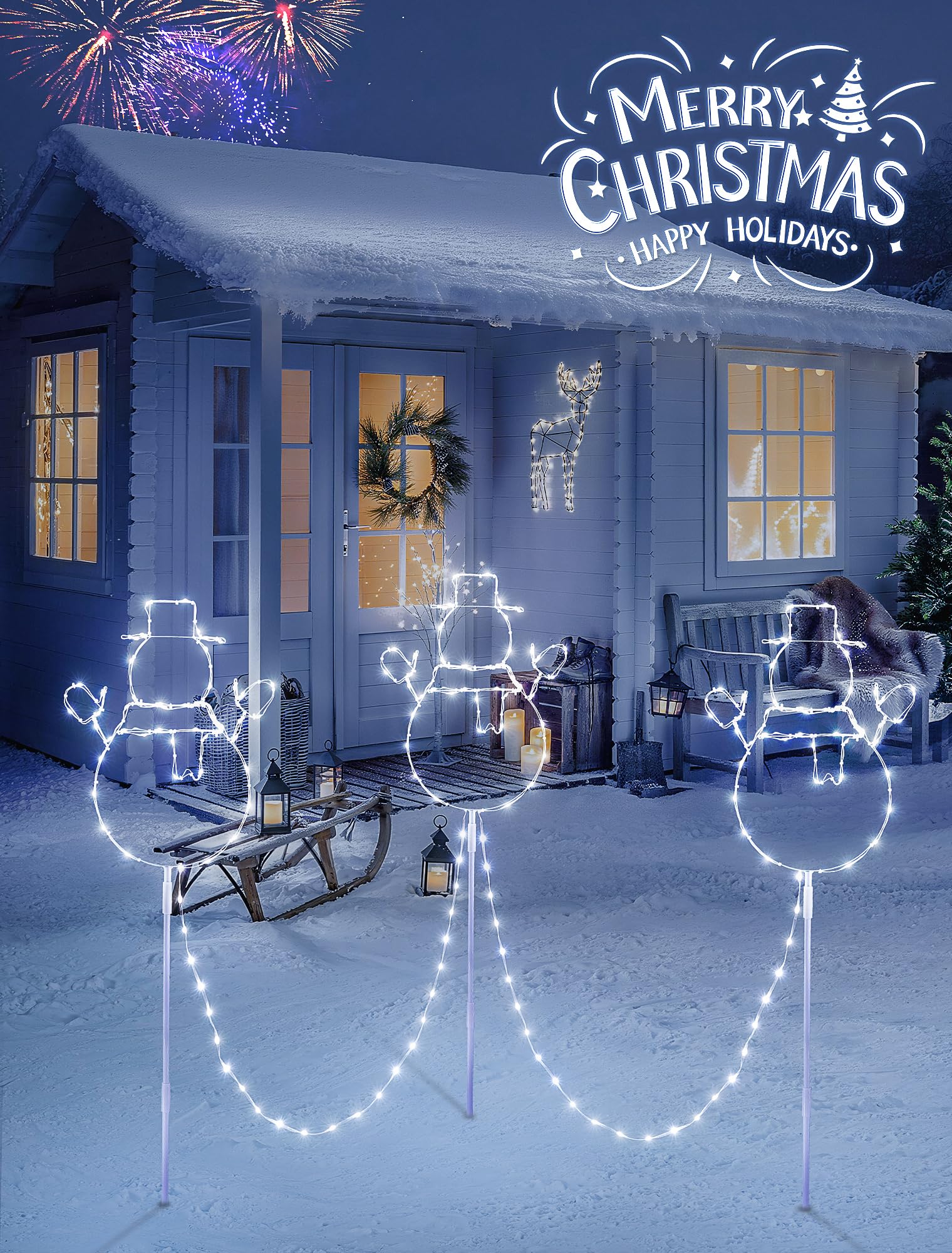 Christmas Walkway Lights,200LED White Christmas Decorations Pathway Lights Plug in,Timer 8 Mode Snowman Garden Light with Stake Waterproof for Fence,Patio,Yard,Party,Xmas Decor-White
