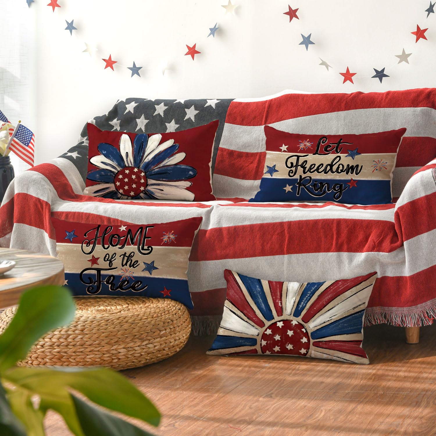 AVOIN colorlife Let Freedom Ring Stars Fireworks Flower Red Throw Pillow Covers, 12 x 20 Inch 4th of July Patriotic Independence Memorial Day USA Flag Cushion Case for Sofa Couch Set of 4